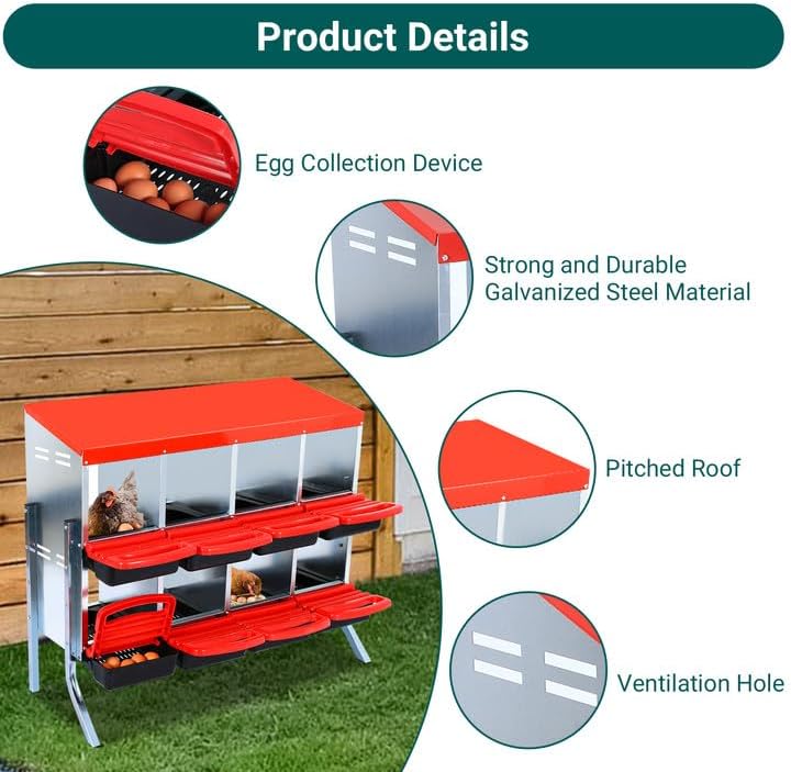 Garvee Chicken Nesting Boxes, 8 Hole Metal Chicken Laying Box with Removable Trays and Roll Out Egg Collection for Chicken Coop, Red, with Metal Legs