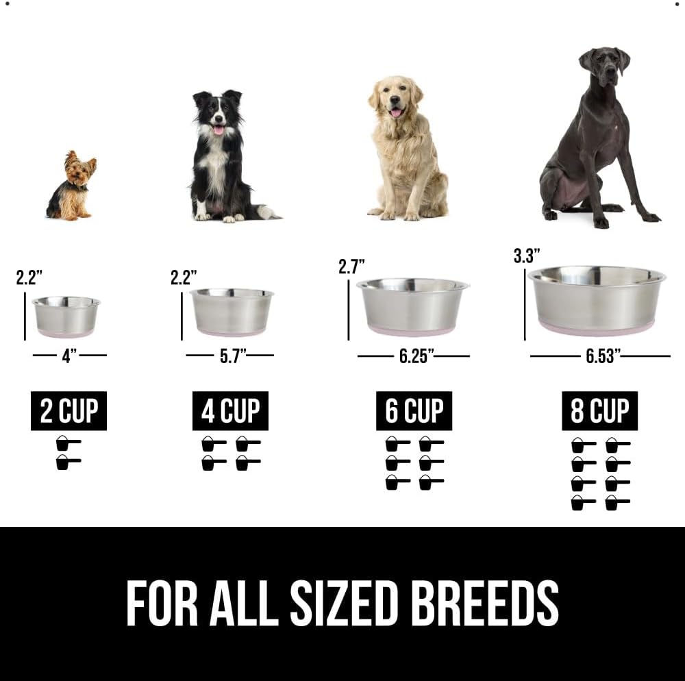 GORILLA GRIP Set of 2 Dog Bowls, Heavy Duty Metal Food and Water Bowl for Feeding Dogs and Cats, Dishwasher Safe, Rust Resistant Stainless Steel, BPA Free Rubber Base, Holds 2 Cups (16 fl oz), Lt Pink