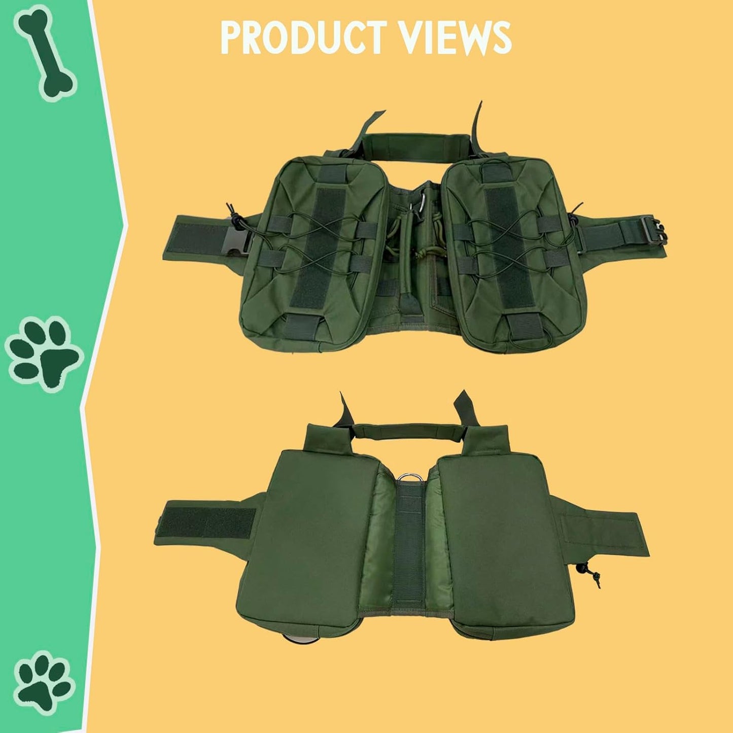 Tactical Dog Backpack Harness – Large, Army Green, 2 Ample Side Pockets | Water Resistant Saddle Bags for Hiking & Camping, Sturdy Vest Fits Medium & Large Dogs