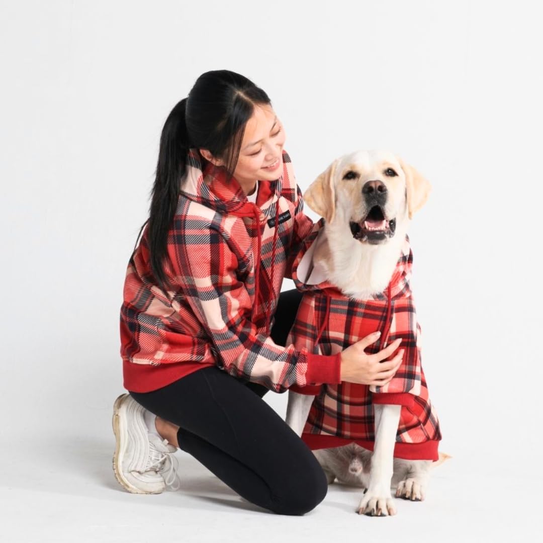 Spark Paws Dog Hoodie – Premium Dog Sweater for Small, Medium, and Large Dogs | Warm Outfits for French Bulldogs, Pitbull, Puppy, Winter Jacket Alternative - Red Plaid, M