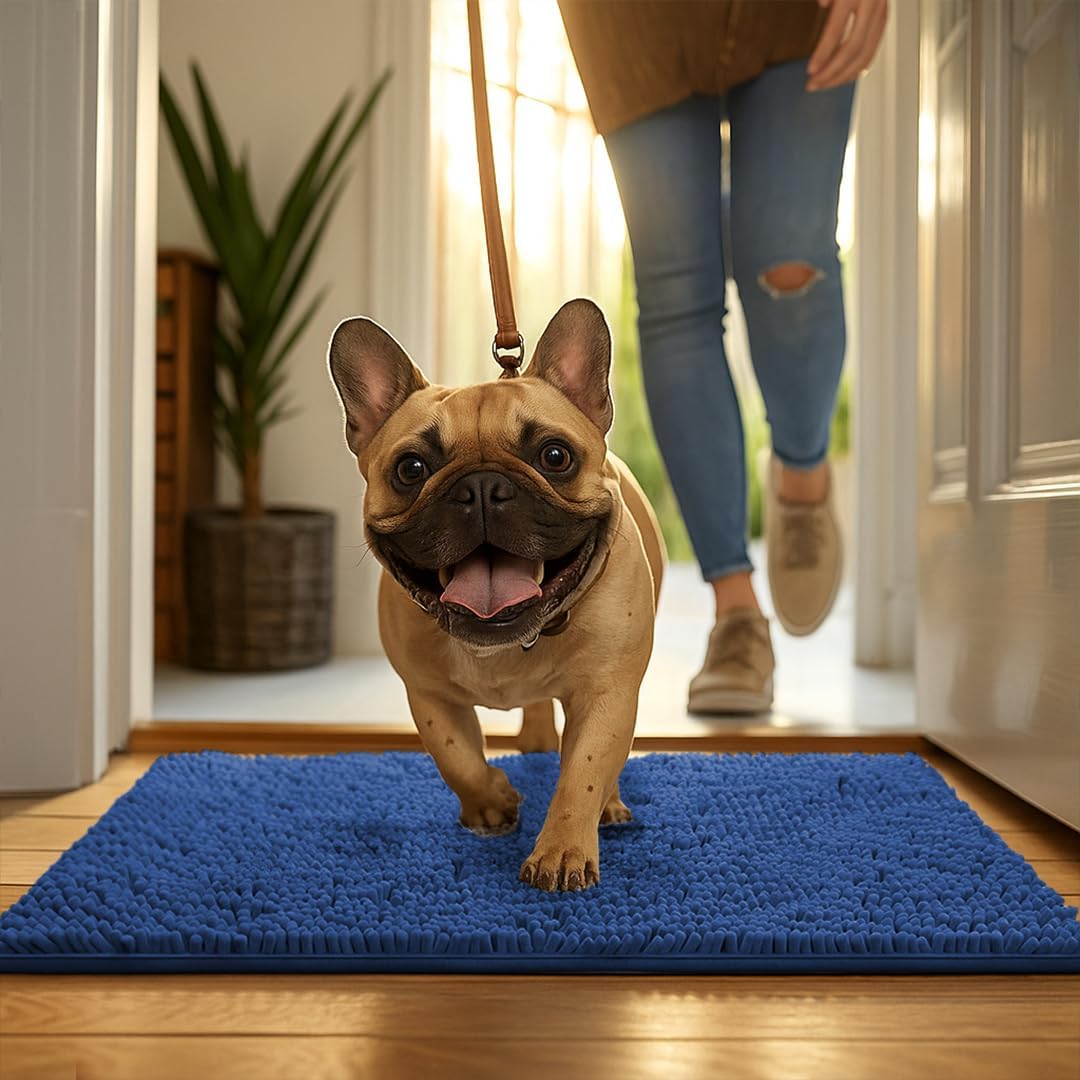 MudGuard Mat™ Dog Door Mat for Muddy Paws, Super Absorbent Microfiber, Non-Slip Indoor Mat, Quick Dry Chenille Mud Mat for Dogs & Entryway, Washable, Navy Blue 19" x 30"
