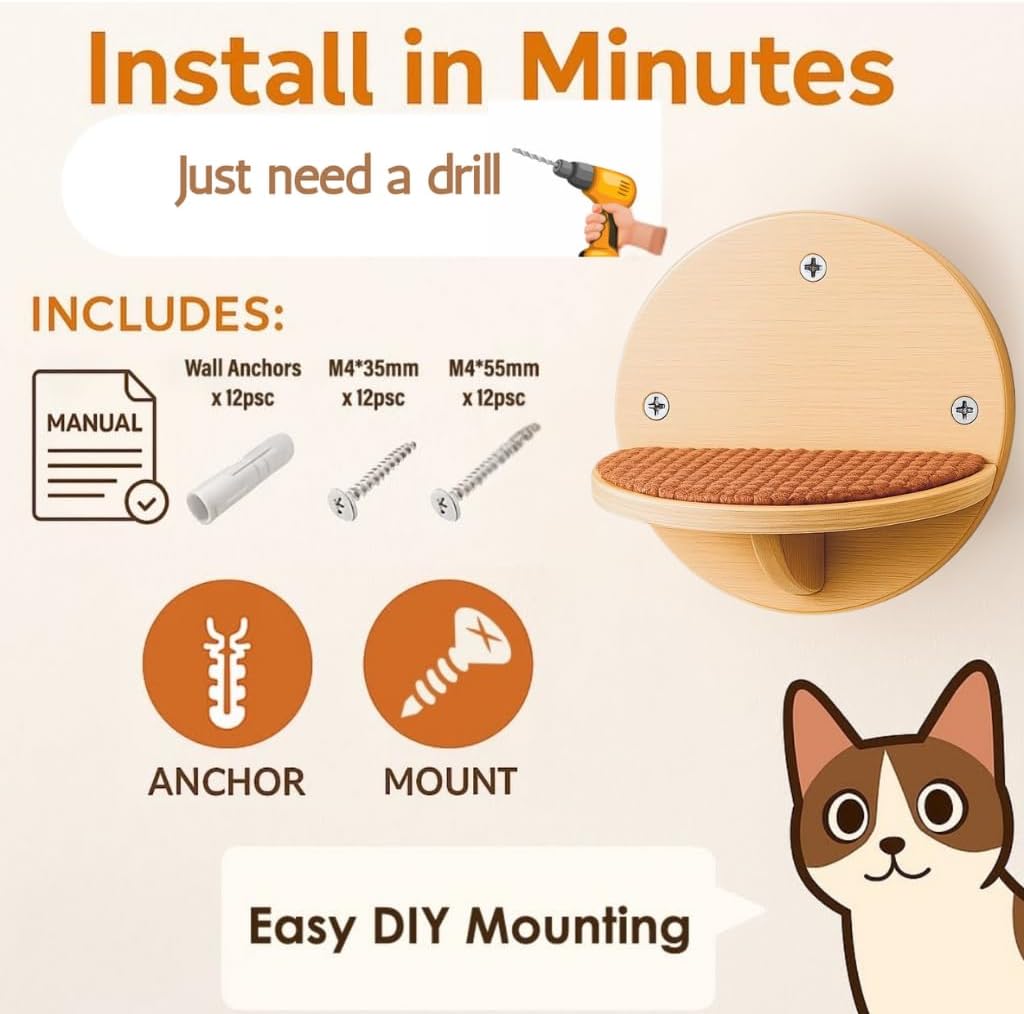 Cat Wall Shelves - Set of 4 Round Floating Wall Steps Scratch Pads, up to 20Lbs. Saving-Space Decorative Wall-Mounted Cat Furniture for Climbing, Playing & Resting - Solid Natural Wood by INSTINTO