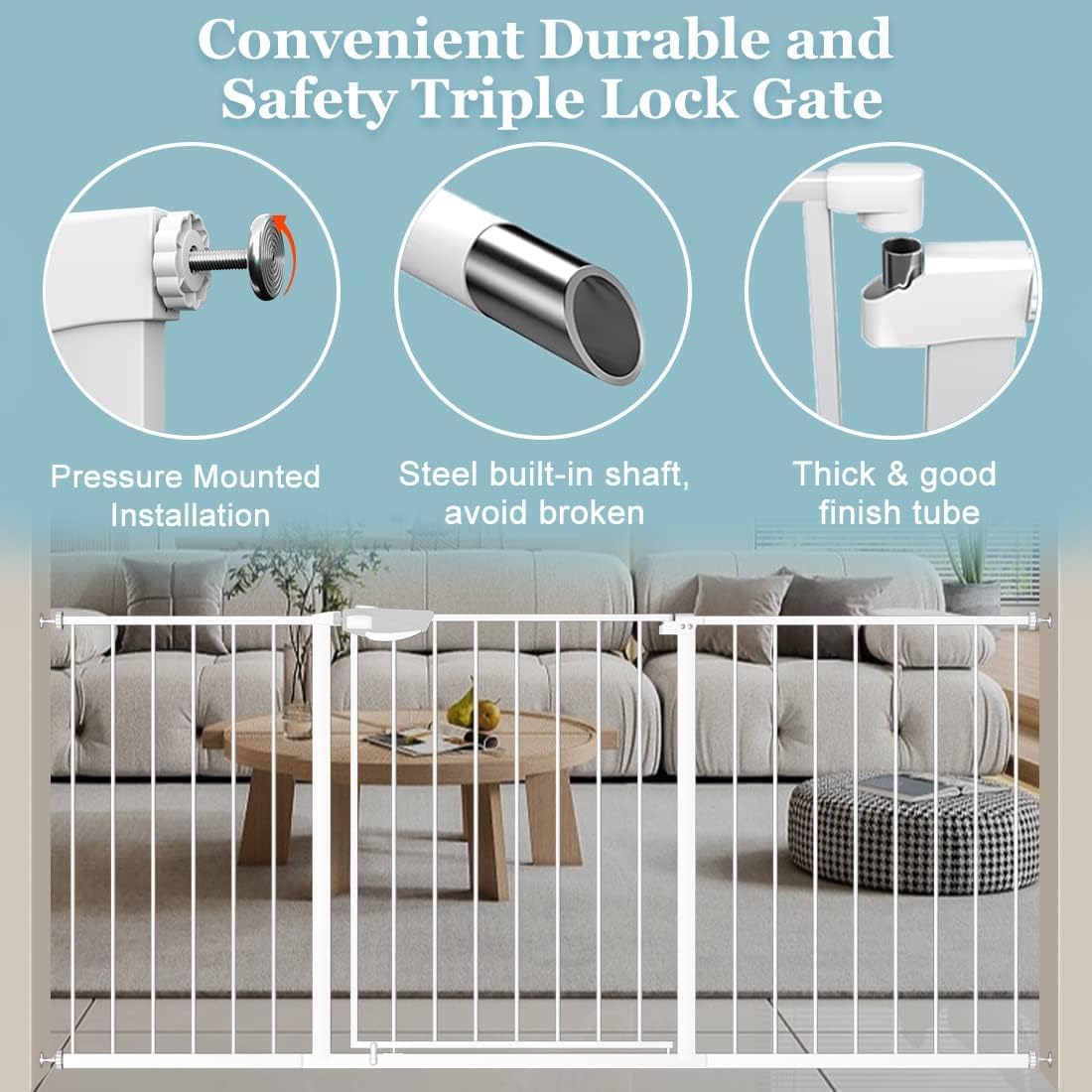 WAOWAO Triple Lock Baby Gate Extra Wide 44.48-48.42" Pressure Mounted Walk Through Swing Auto Close Safety White Metal Child Kids Dog Pet Puppy for Stairs,Doorways