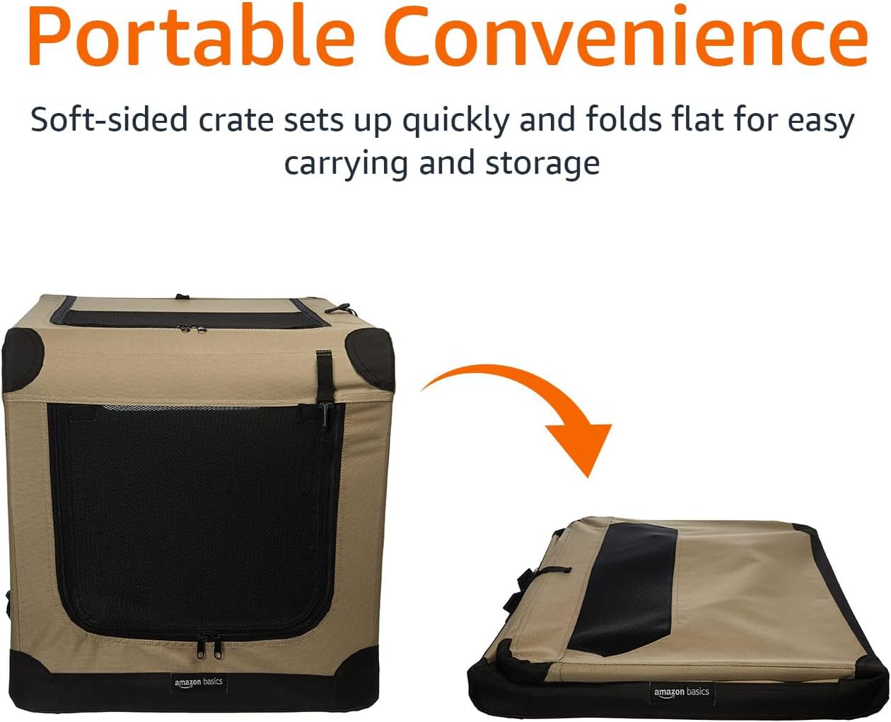 Amazon Basics Dog Crate, Travel Dog Kennel Double Door Collapsible, Lightweight Soft-Sided Folding, Portable Dog Cage, XL 42" x 31" x 31", Tan