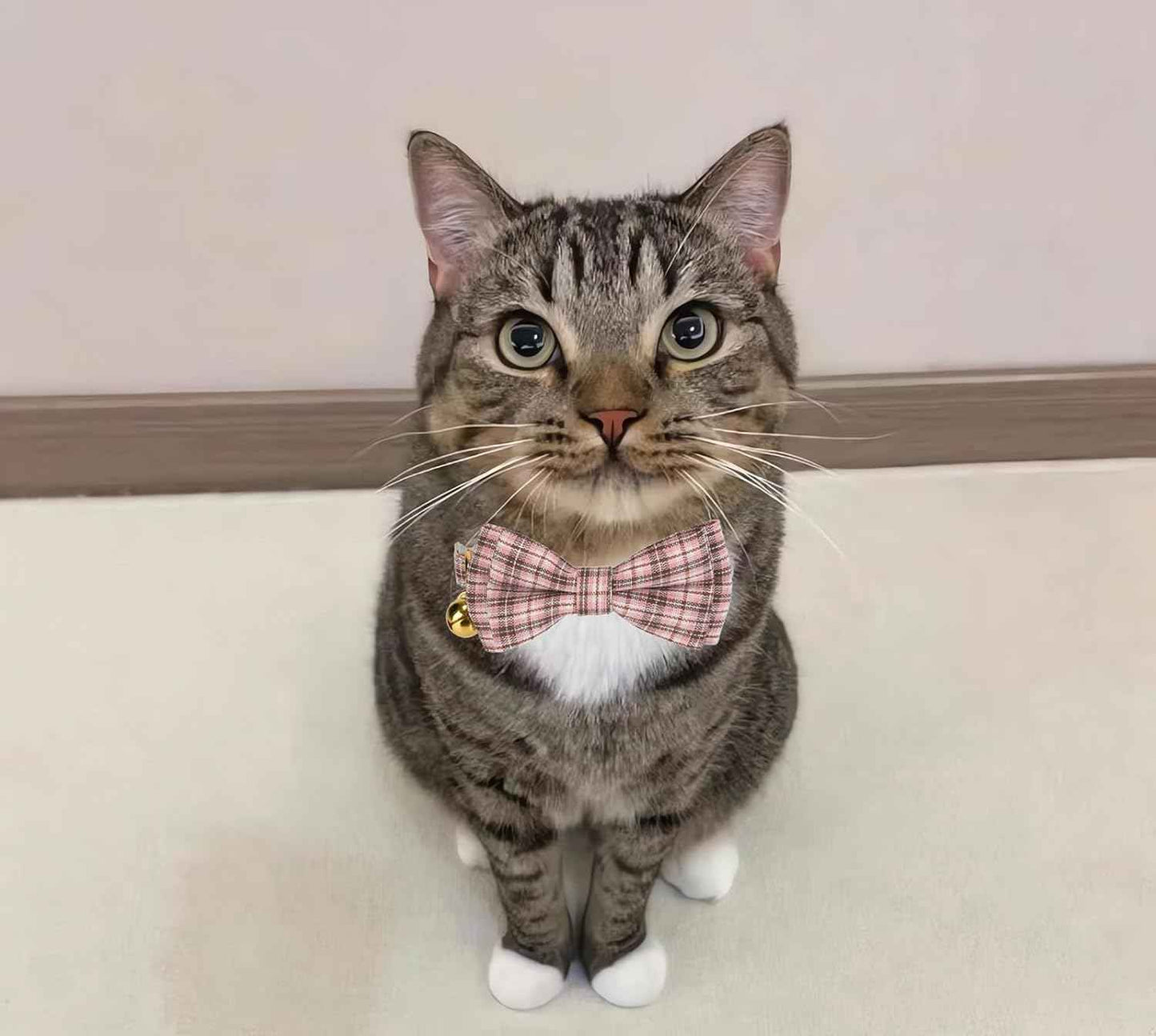 2 Pack Soft Cotton Cat Collars with Bowtie and Bell Breakaway Plaid Cat Kitten Collar(Pink and Jade Green)