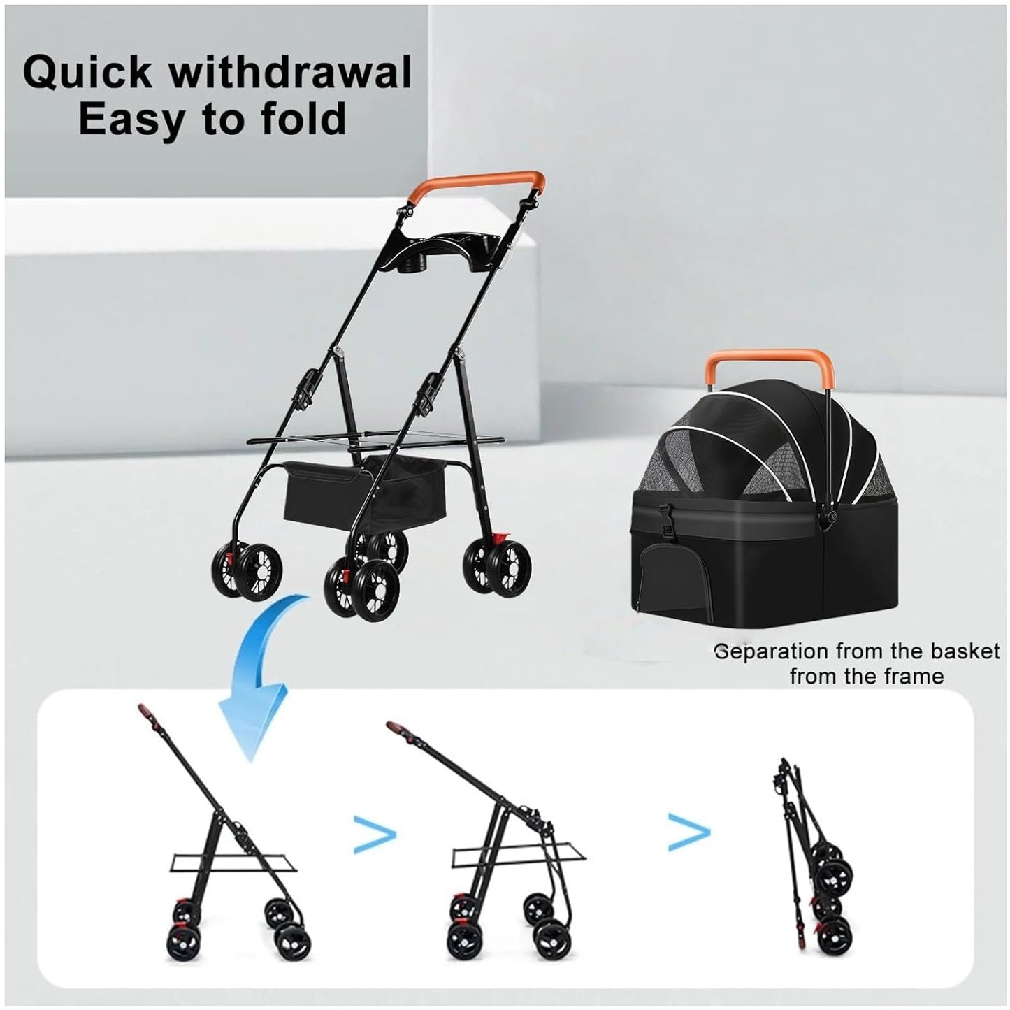 Pet Stroller for Medium Small Dogs/Cats - 4 Wheels Foldable Dog Stroller with Storage Basket,Dog/Cat Carrier,Adjustable Handle,Folding Puppy Carrier Suitable for Traveling with Cats and Dogs (Black)