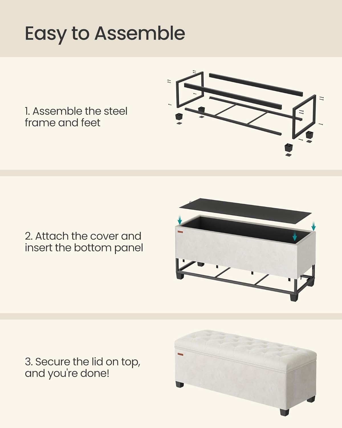 SONGMICS Velvet Storage Ottoman Bench, Foot Rest with Legs, 15.7 x 43 x 15.7 Inches, End of Bed Bench, Storage Chest, Load up to 660 lb, for Living Room, Bedroom, Entryway, Cream White ULSF089W01