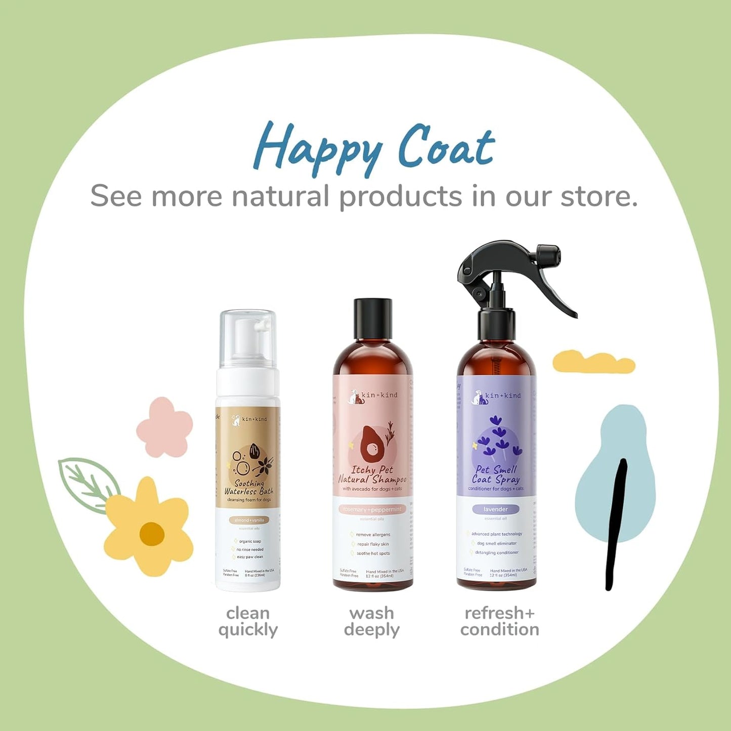 kin+kind Waterless Dry Shampoo for Dogs - Rinse-Free, Eliminate Itch and Odor, Natural Formula with Witch Hazel, Coconut Oil, Olive Oil and Grapefruit - Made in USA