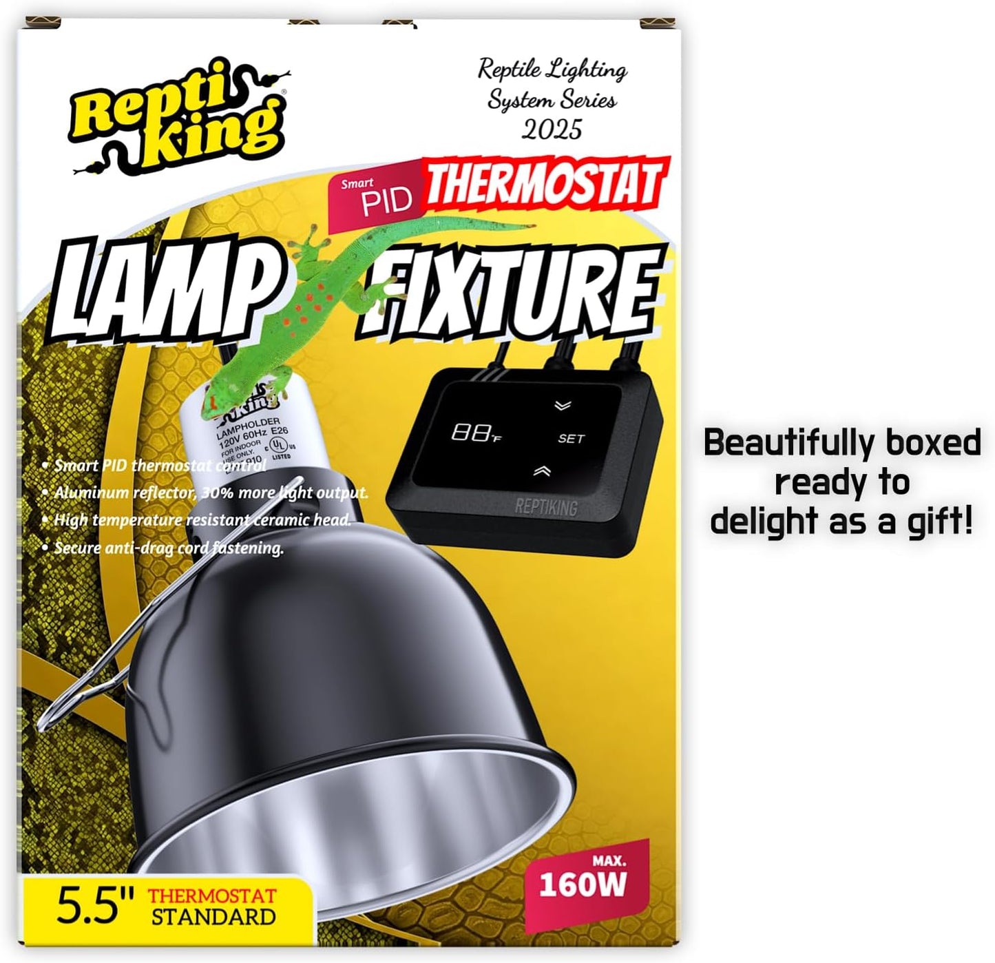 Reptile Heat Lamp Fixture with Dimming Thermostat - 5.5'' Light Dome with PID Thermostat, for Ceramic Heat Emitter & Basking Light Bulb, for Bearded Dragon, Snake, Tortoise, Lizard Tank Accessories