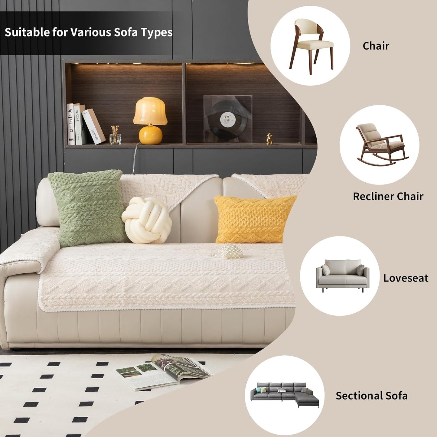 Geometric Jacquard Plush Warm Sofa Couch Cover, Soft Funny Fuzzy Couch Covers, Non Slip Sectional Sofa Slipcover, Cozy Washable Furniture Protector for Kids, Pets (Beige White, 36"x 94")