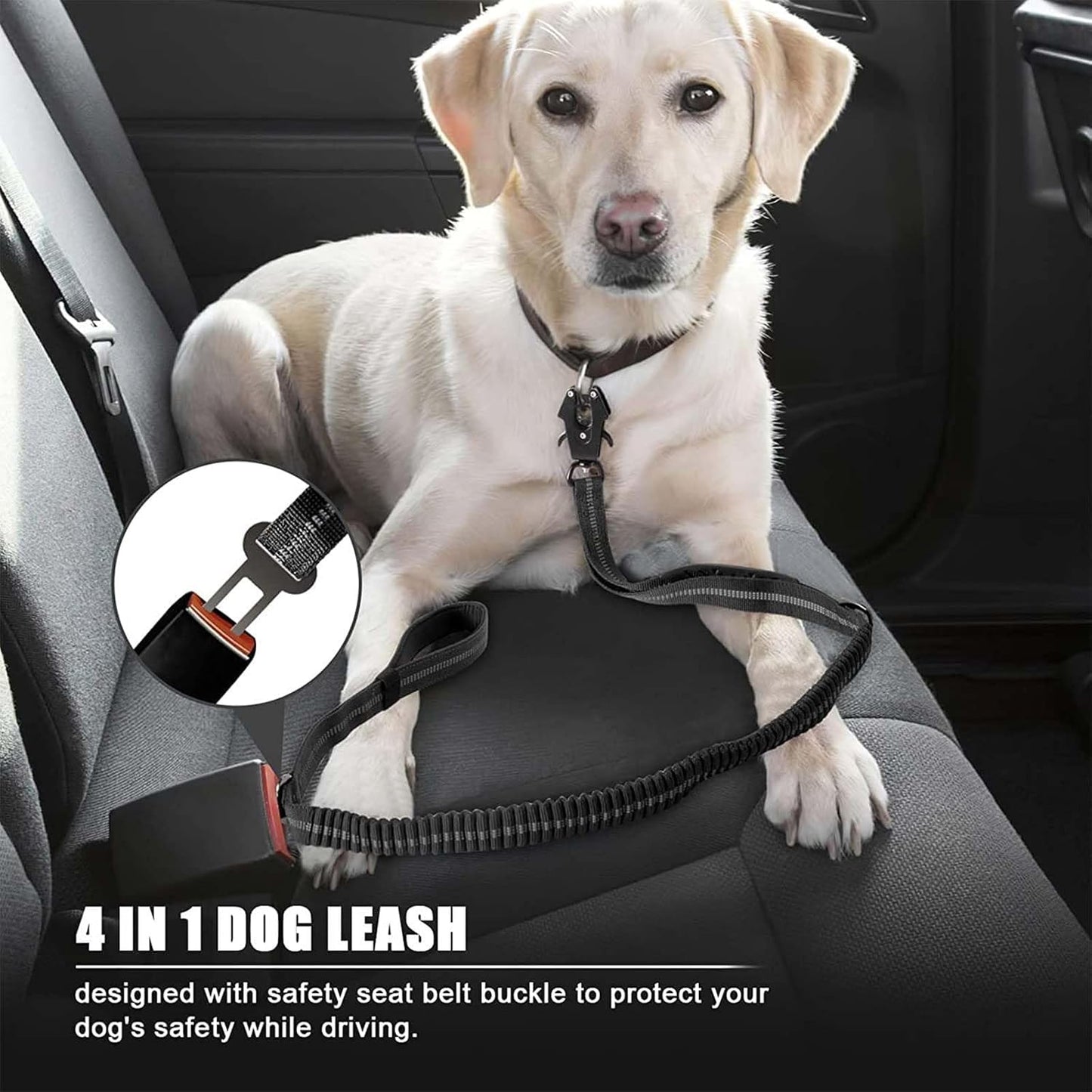4-6FT Heavy Duty Dog Leashes for Large Dogs, Shock Absorbing Bungee Tactical Leash with 2 Padded Handle, Car Seatbelt and Metal Carabiner Clip, Strong No Pull Dog Leash for Medium