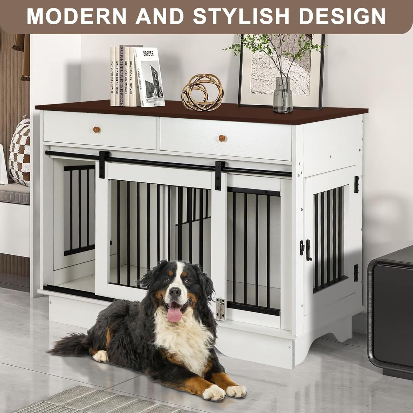 Double Dog Crate Furniture - Farmhouse Style Dog Kennel with Storage Drawers, 47.2" End Table Dog Cage, Removable Divider for 2 Small/Medium Dogs or 1 Large Dog Indoor Use for Living Room