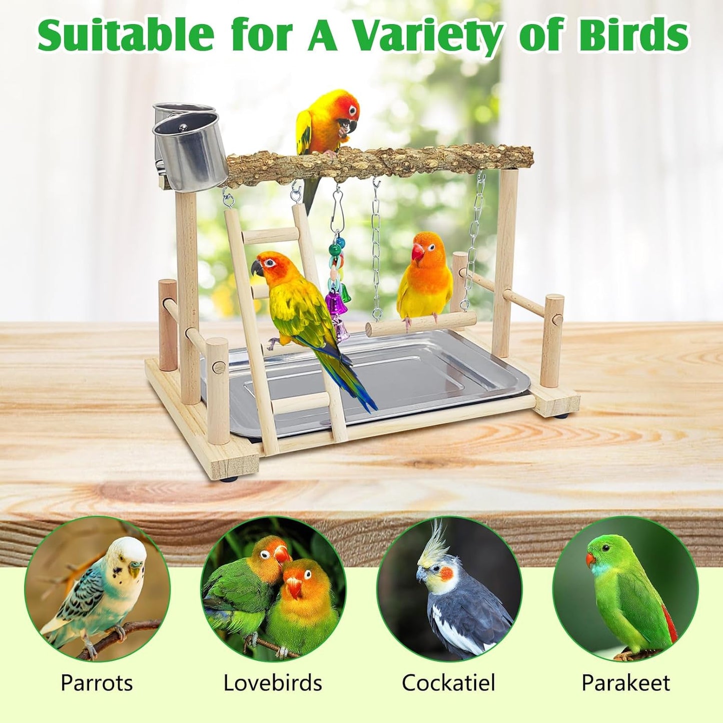 kathson Parrots Playground Bird Perch Wood Playstand Stand with Ladder Swing Feeder Cups Chew Toy for Parakeet Conure Cockatiel Budgie Lovebird Finch Small Birds