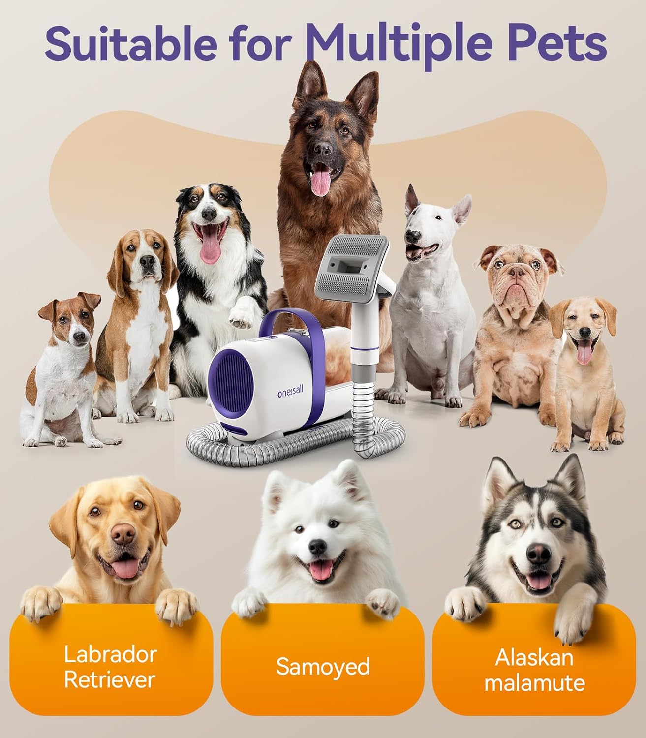 oneisall Dog Grooming Vacuum Kit: 15000Pa Shedding Brush with Grooming Tools, 3 Suction Low Noise, for Pet Thick and Undercoat, 1.5L Dust Cup, Dog Hair Vacuum, Home Cleaning, LM5