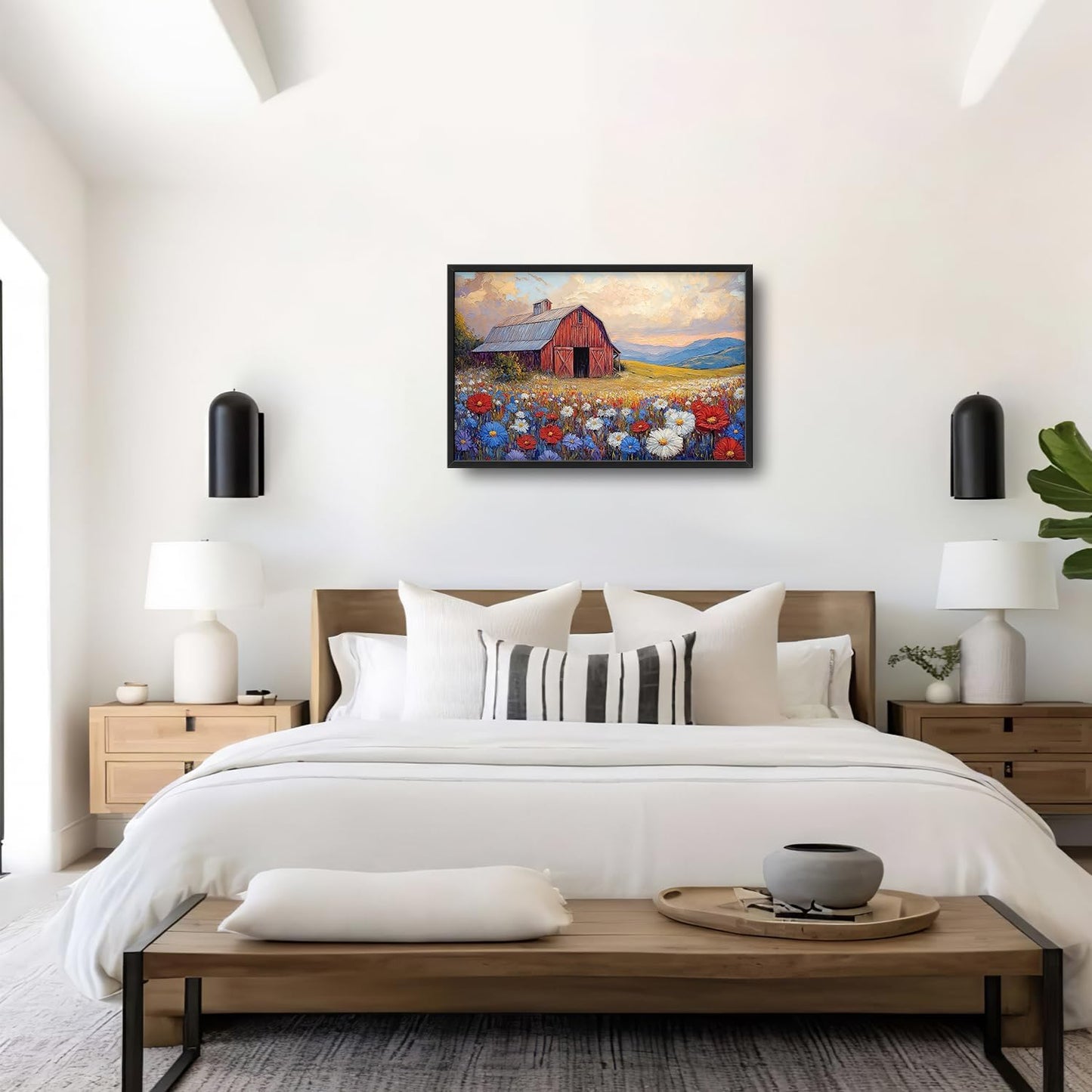 Large Farmhouse Barn Daisy Wall Art for Living Room, Floral Landscape Canvas Oversized Wall Decor, Flower Scenery Framed Pictures Painting Print Artwork for Bedroom Office 36"L x 24"W