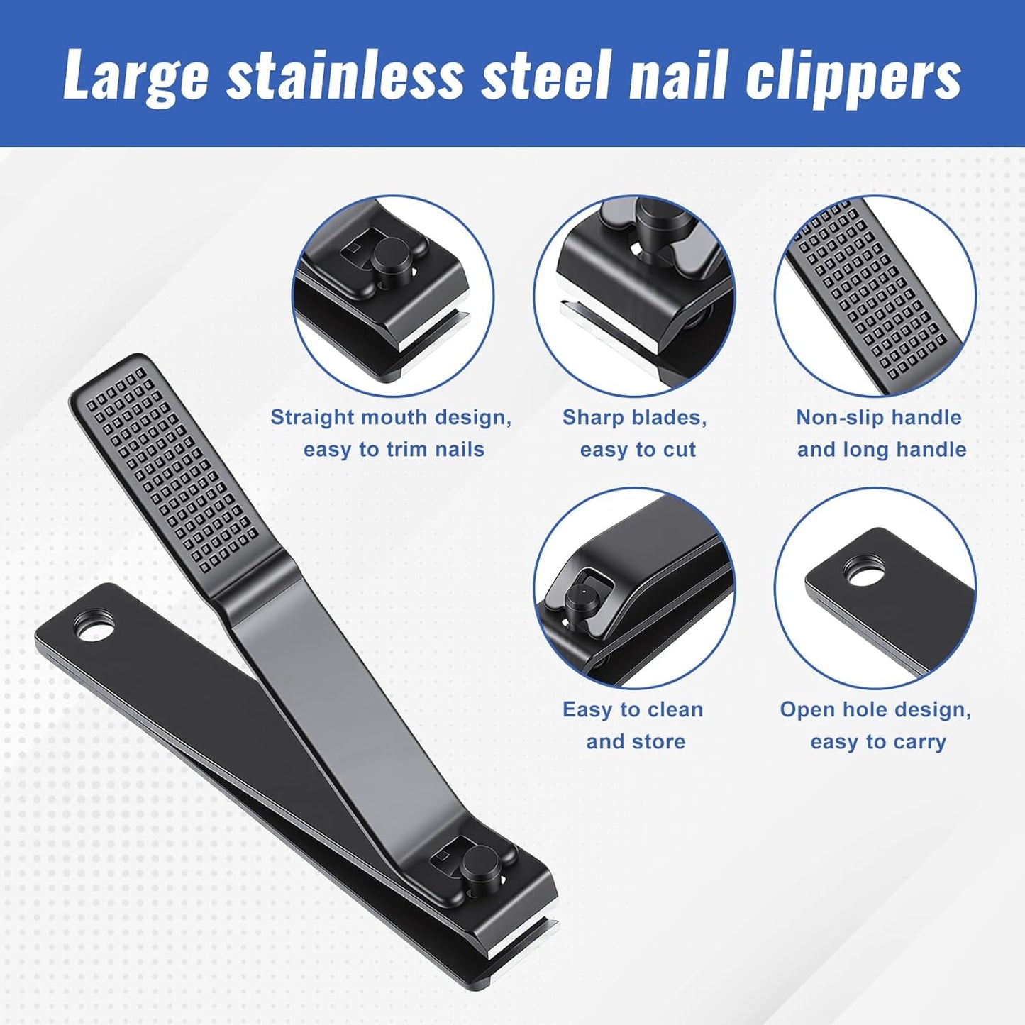 4 Pcs Straight Nail Clipper, Heavy Duty Black Large Fingernail Clippers Straight Edge Stainless Steel Nails Cutters Black Toenails Clippers Set for Thick Nails Men Women