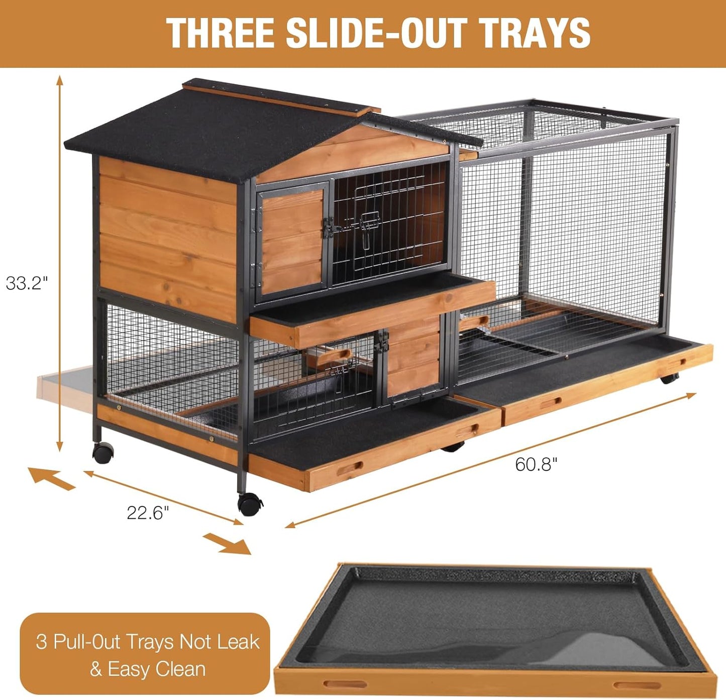 Rabbit Hutch Bunny Cage Indoor, Rabbit Cages on Wheel Guinea Pig Cage with 3 Trays- Upgraded Metal Frame