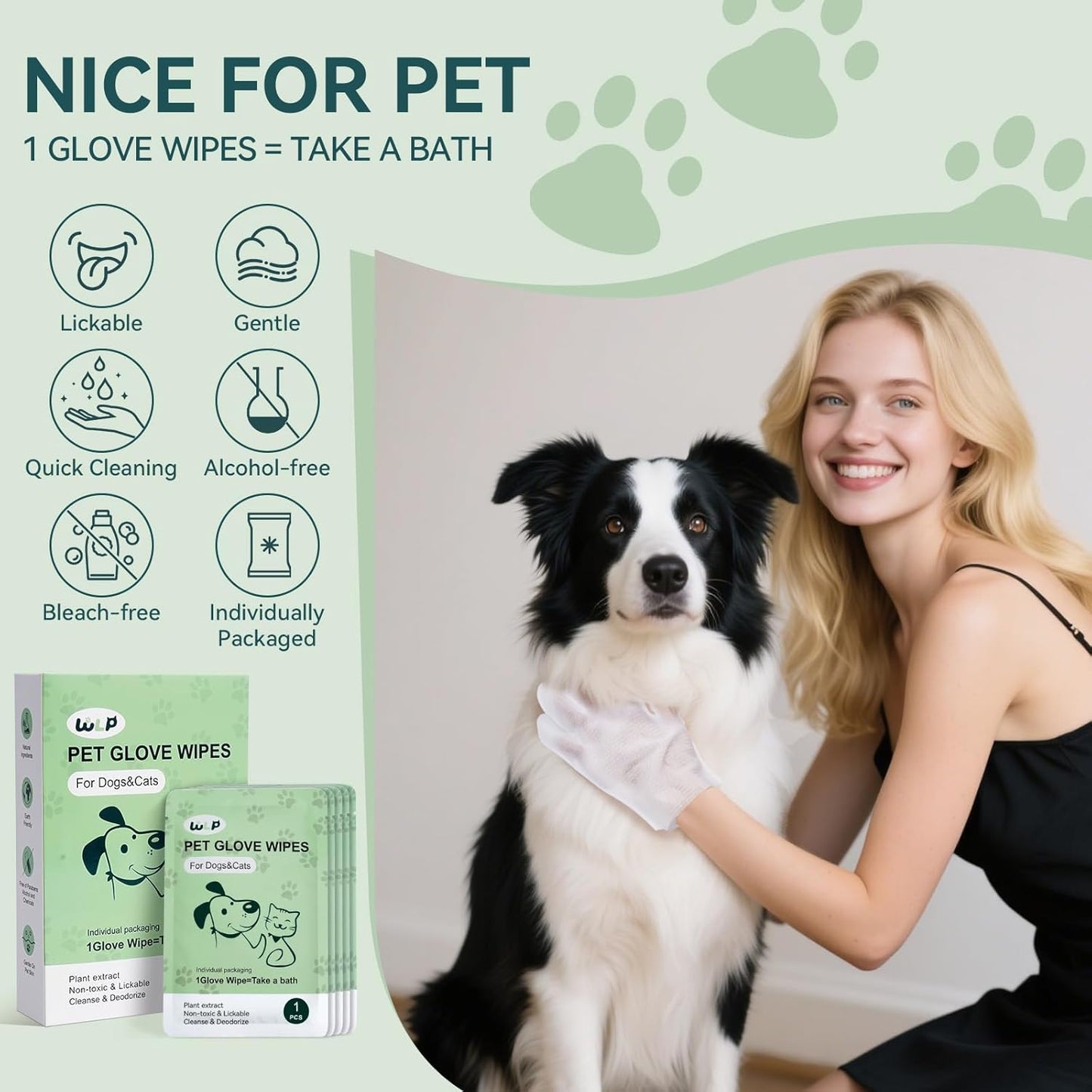 WLP Cleaning and Deodorizing Glove Wipes for Dogs & Cats, Suitable for Sensitive Areas, Safe for Licking, Pet Grooming Bath Wipes. Puppy Essentials. Independent Packaging, Easy to Carry (12 PCS)