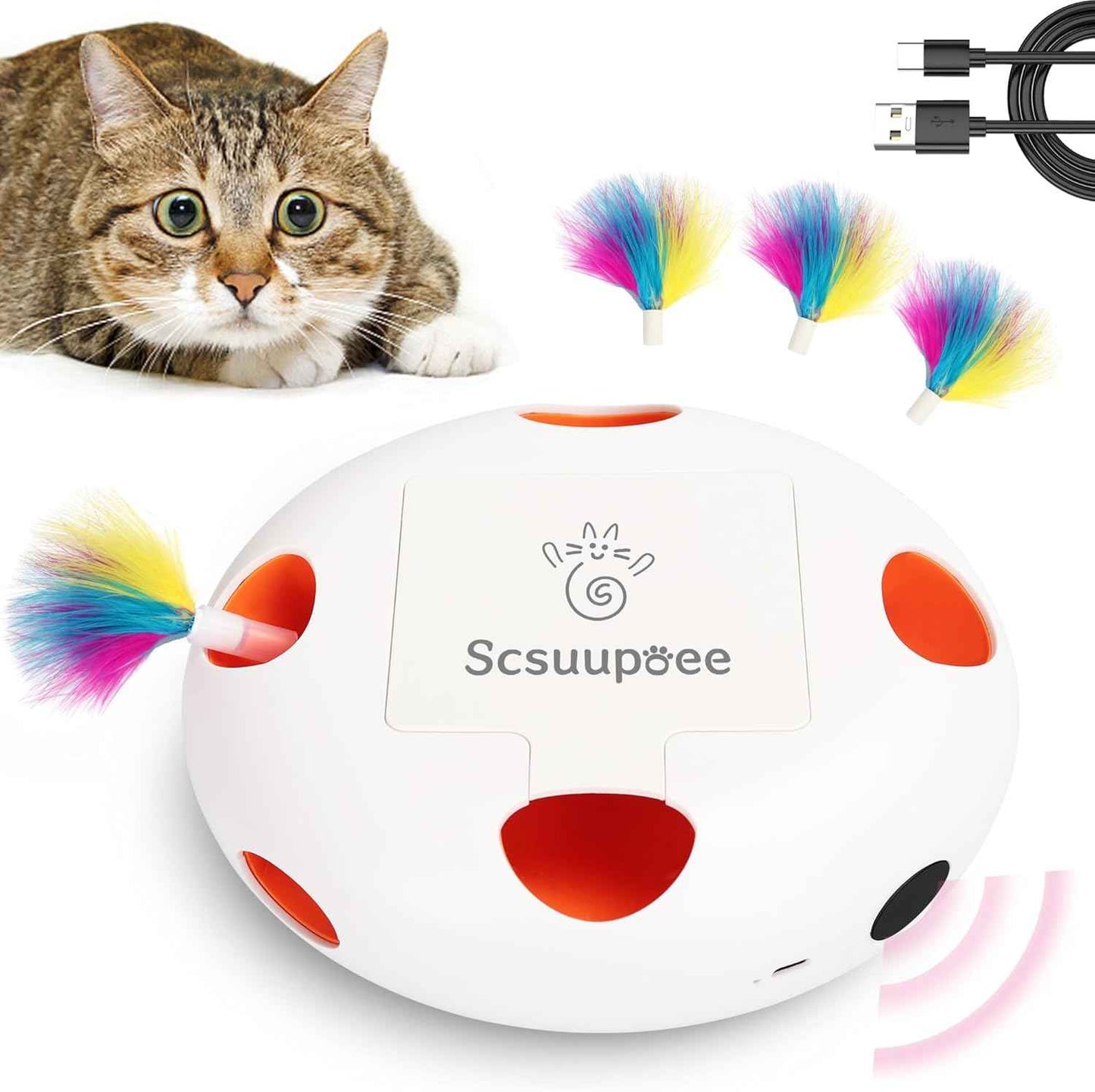 Cat Toys, Rechargeable Interactive Cat Toy, Smart Sensor Pop-Up Feather Toy with 7 Holes, USB Powered Automatic Kitten Toy for Indoor Cats, White