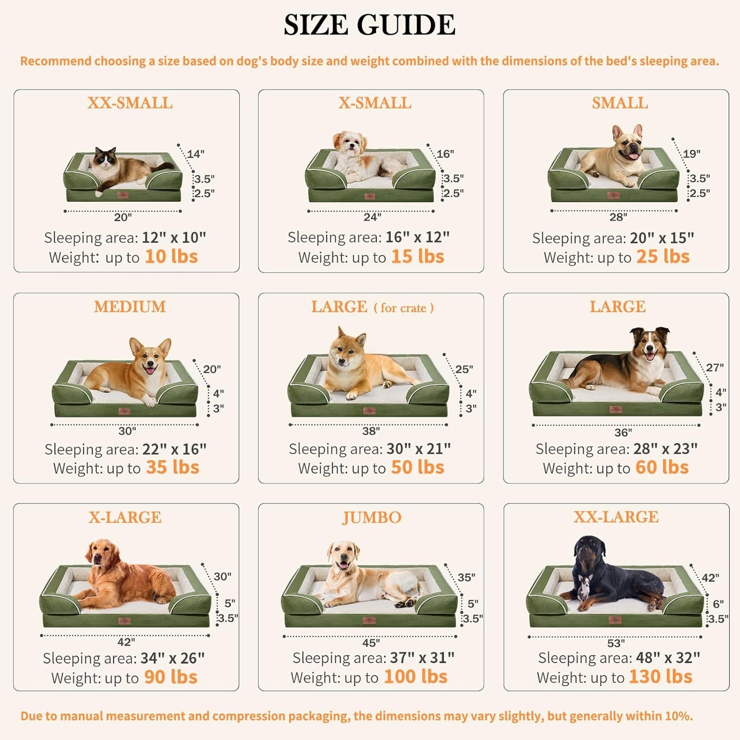 Comfort Expression XXL Orthopedic Dog Bed for Extra Large Dogs, Orthopedic Foam Dog Beds Washable, Waterproof Pet Sofa Couch with Removable Cover & Non-Slip Bottom(XX-Large,Light Green)