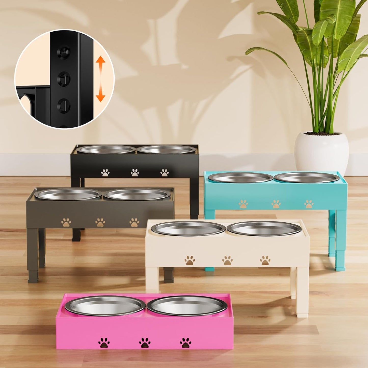 Elevated Dog Bowls with Mat, Raised Dog Food Bowl Stand with 2 Stainless Steel Bowls, 5 Height Adjustable (3.1", 9", 10", 11", 12") Non-Slip Feeder Set for Medium and Large Dogs â Pink