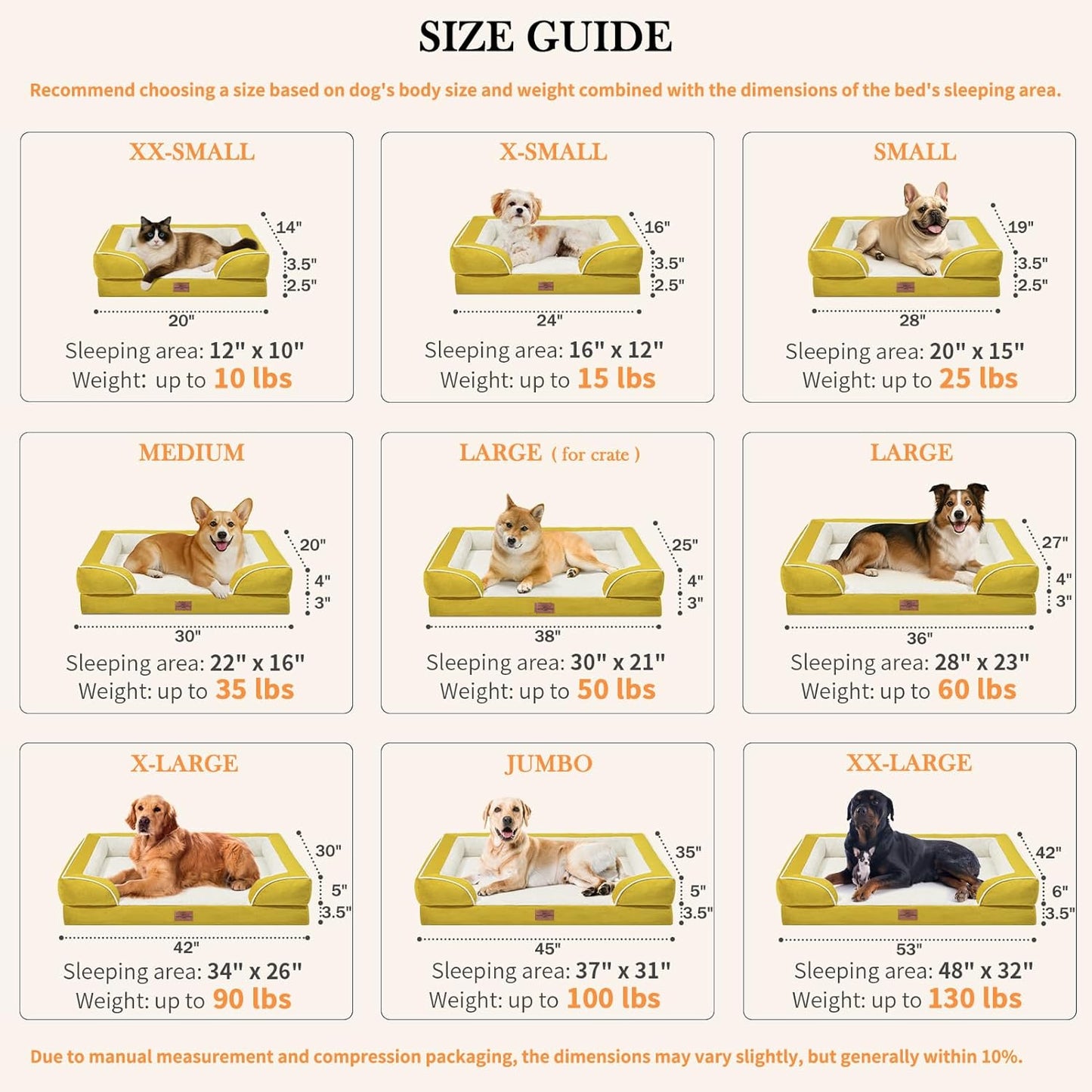 Comfort Expression XXL Dog Bed Orthopedic Foam, Waterproof Dog Beds for Oversized Dogs, Washable Dogs Sofa Bed with Removable Cover & Non-Slip Bottom(XX-Large,Spicy Mustard)