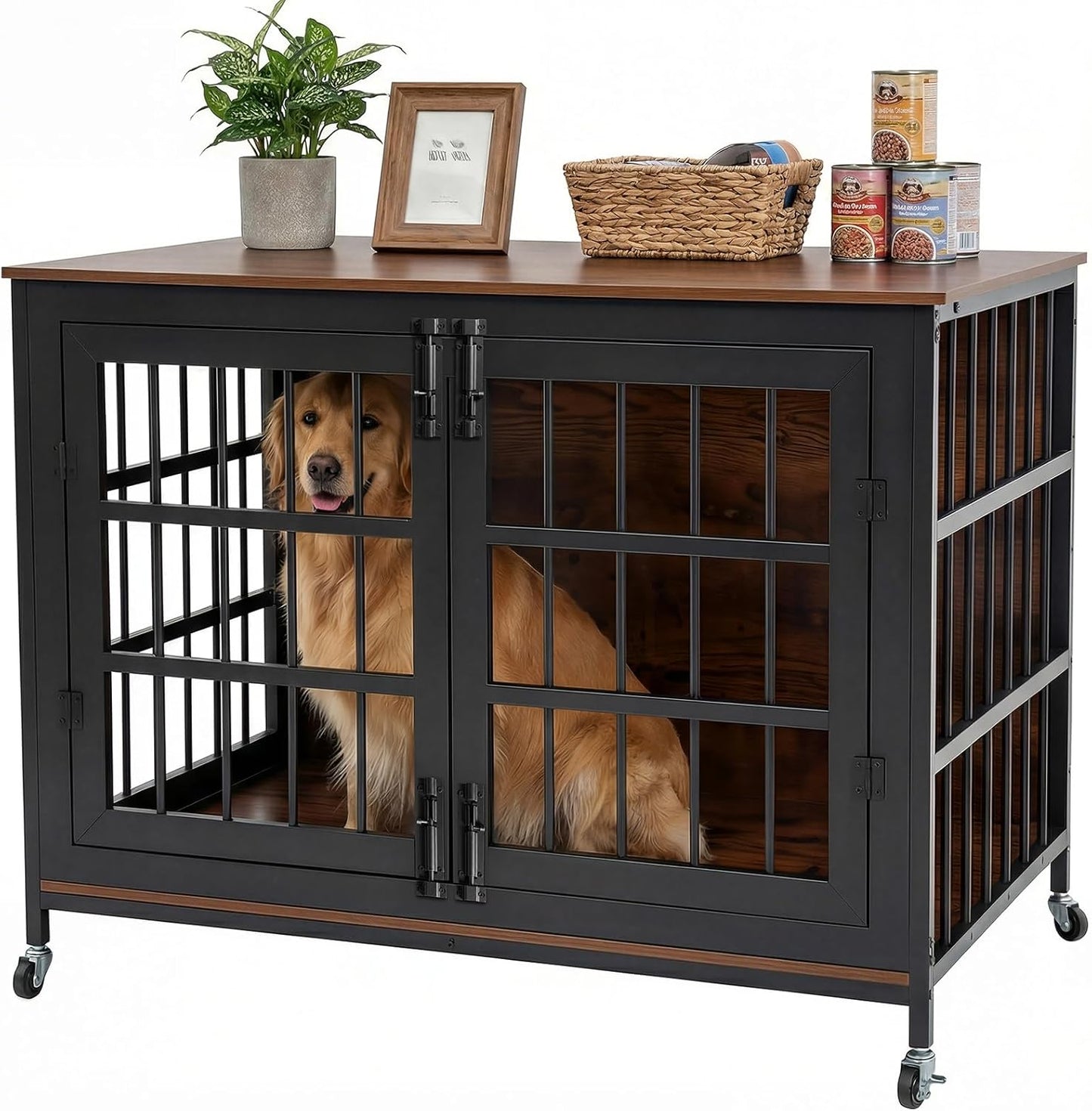41 Inch Heavy Duty Dog Crate Furniture, Dog Kennel Furniture for Large and Medium Dogs, with Lockable Wheels & Adjustable Feet, Three-Door Metal&Wooden Cage House Furniture, Black