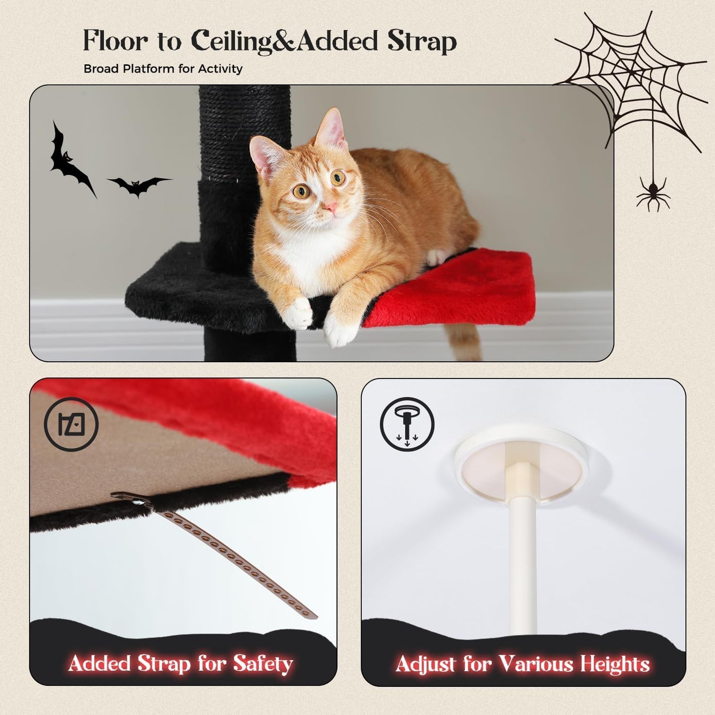 PAWZ Road Gothic Cat Tree, Floor to Ceiling Cat Tower with Adjustable Height (86.8-120 Inches), 5 Tiers Black Cat Condo with Cozy Hammock, Fully Scratching Posts and Dangling Balls for Indoor Cats
