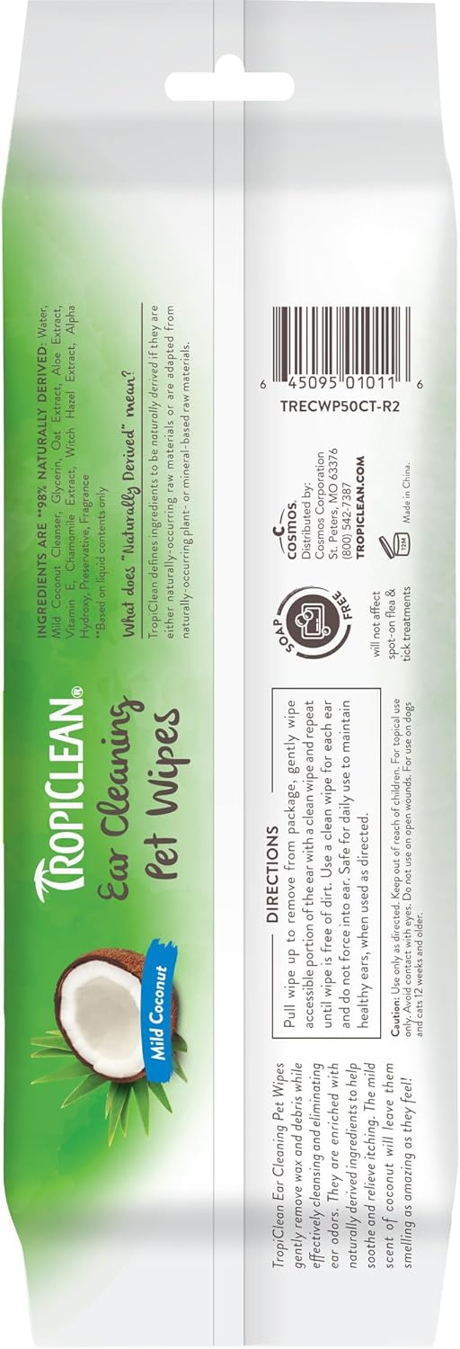 TropiClean Dog Ear Wipes, Dog Ear Cleaner, Soothing Itch Relief, Gently Removes Wax and Debris, Odor Eliminating, Safe for Daily Use, Cat Safe, 50ct.