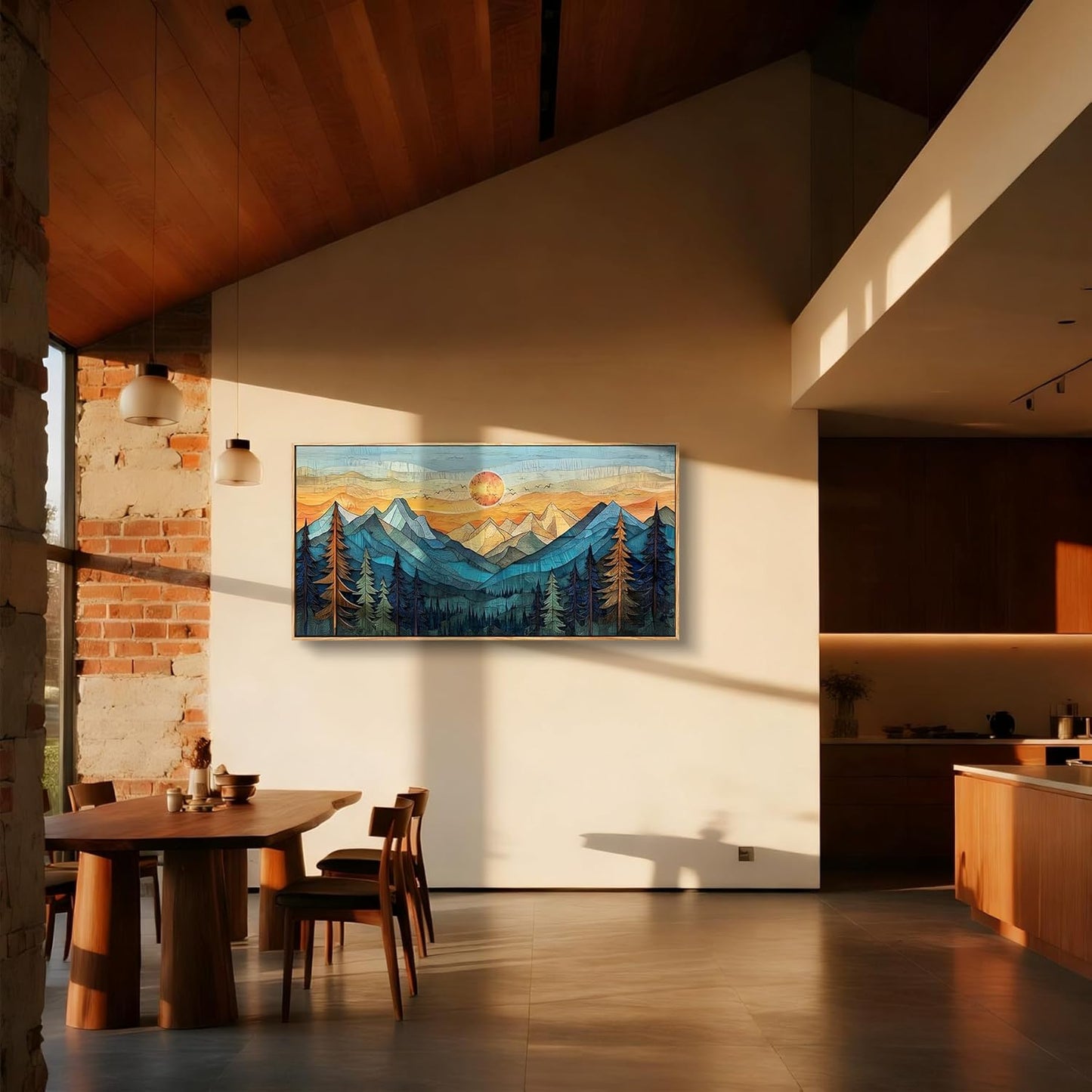 imjiayu Mountain Wall Art, Oversized Wall Art, Framed Artwork for Walls, Abstract Landscape Canvas Prints, Boho Sun Tree Paintings Wall Decor Living Room Bedroom Dining Room Home Office 29"x57"