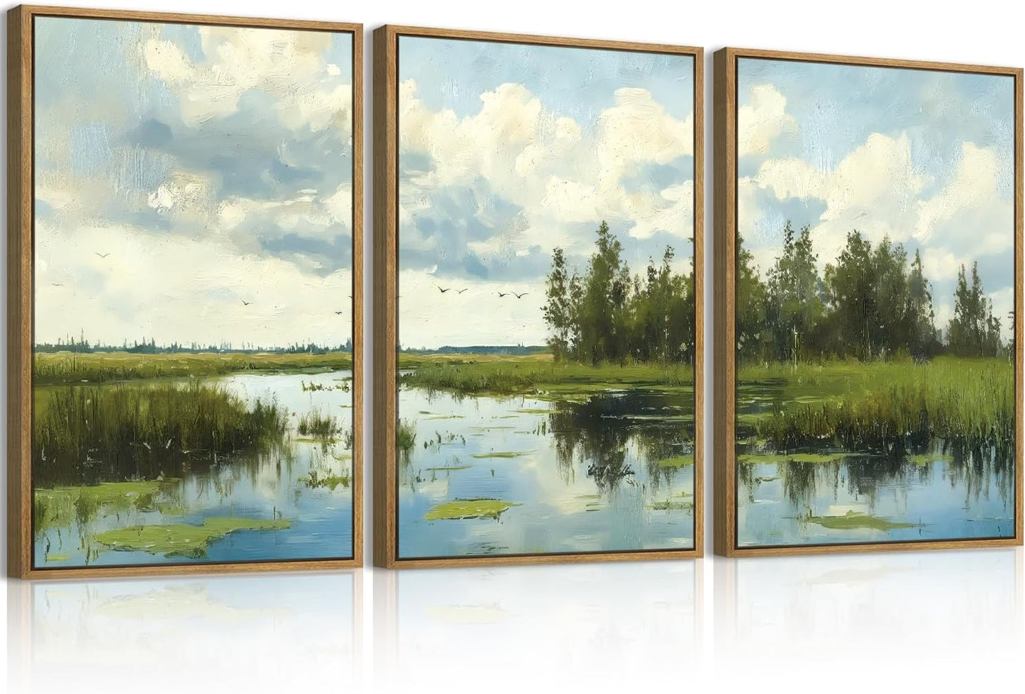 BINCUE Framed Green Nature Wall Art Lake Scenery Wall Decor Landscape Art Print for Living Room Bedroom Office 16 x24 Inches Set of 3