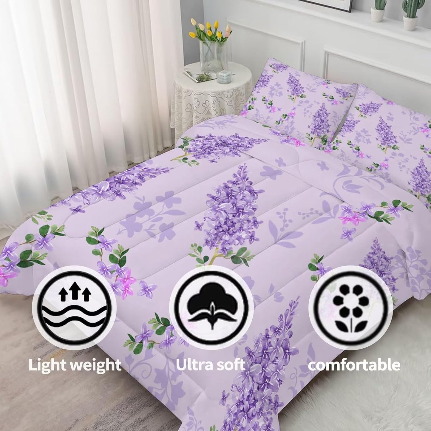 Floral Bedding Set Full : Purple Lilac Flower Comforter Set for Girls Women Kids Teens Bedroom Bed Bedspread Quilt,1 Comforter,2 Pillow Cases