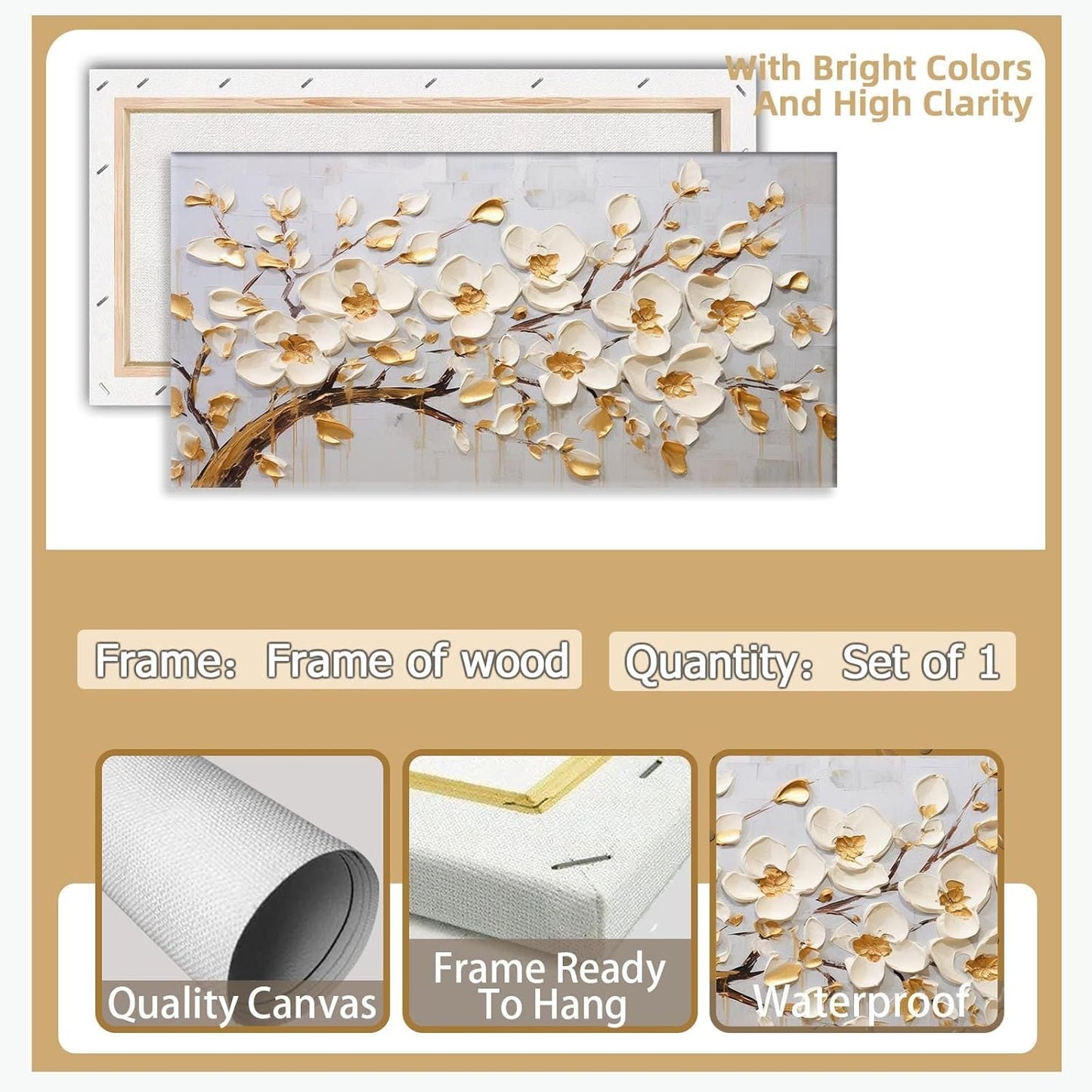 Large Original Gold White Tree Of Life Wall Art Acrylic Abstract Flower Painting Prints Modern Tree Artwork Picture Decor for Living Room Office Home Decorations 24x48inch Framed