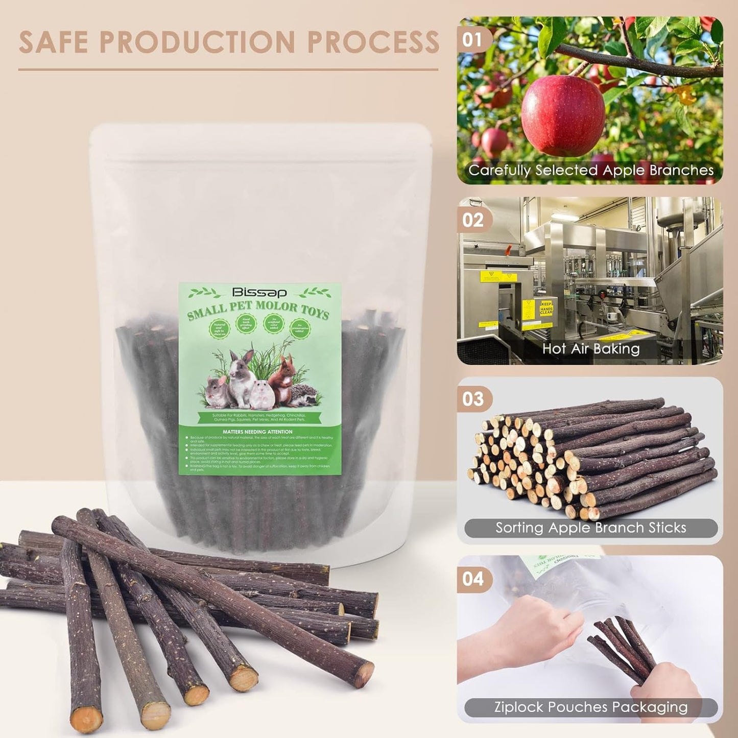 Bissap 460g/16.2oz Apple Sticks for Rabbits, Natural Bunny Chew Toys and Treats for Chinchilla Guinea Pig Hamster Gerbil Small Animals Pet Apple Wood Stick Toys Teeth Grinding