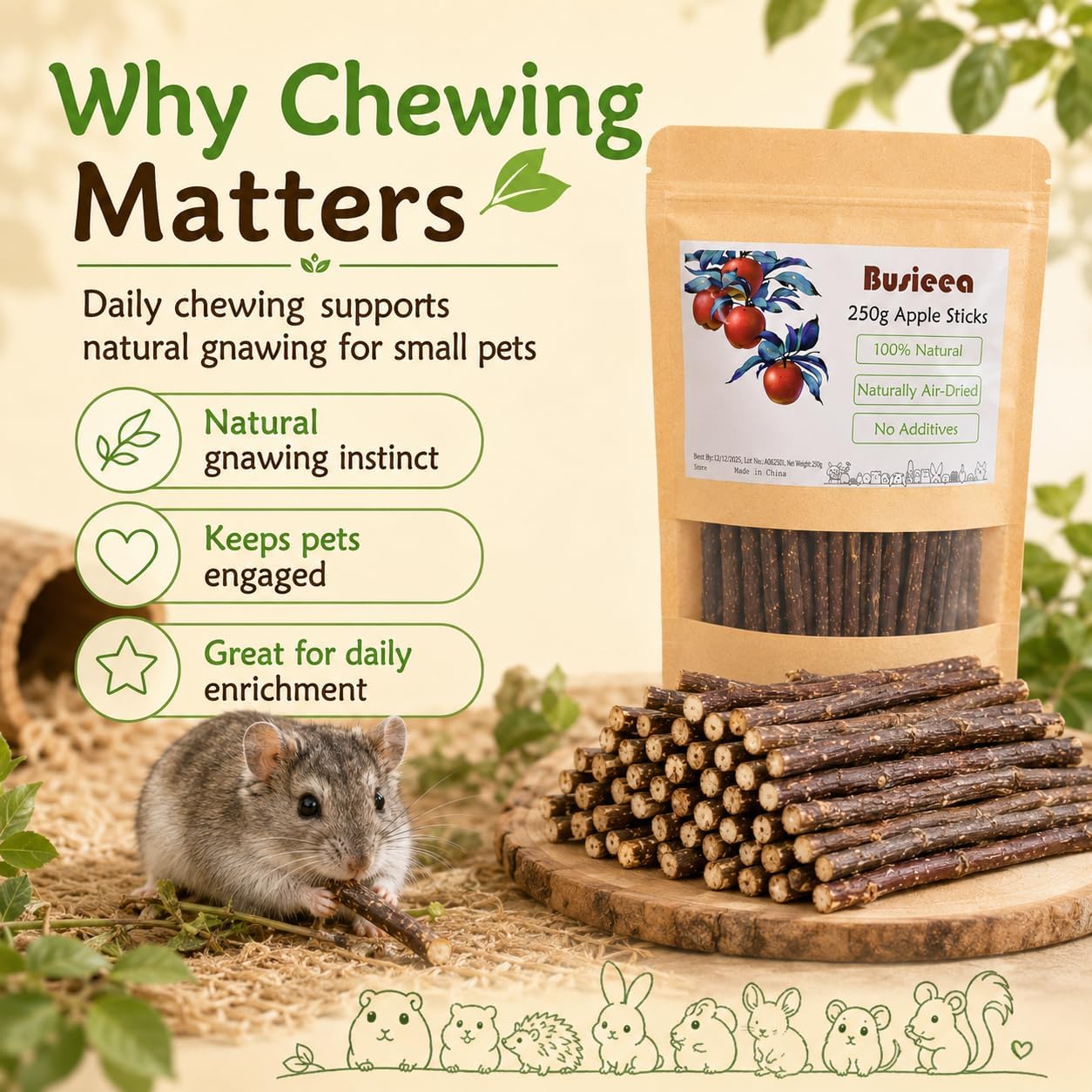 Premium Natural Apple Sticks - 100g/3.52 OZ MINI Trial Pack - Perfect for 1 Pet, Molar Chew Treats for Rabbits Chinchillas Guinea Pigs Hamsters Small Animals