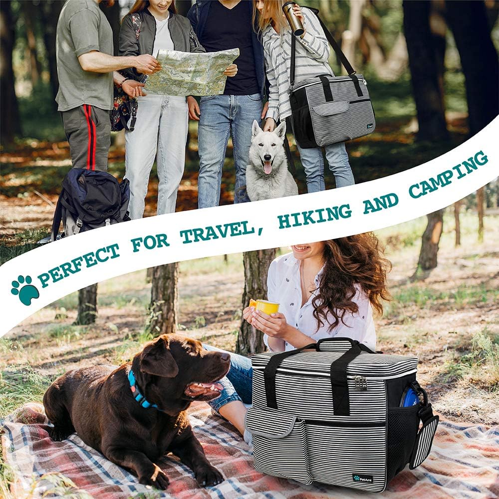 PetAmi Dog Travel Bag - Travel Pet Organizer with Food Container and Bowls, Perfect for Weekend Camping, Cat Diaper Bag (Stripe Black, Medium)