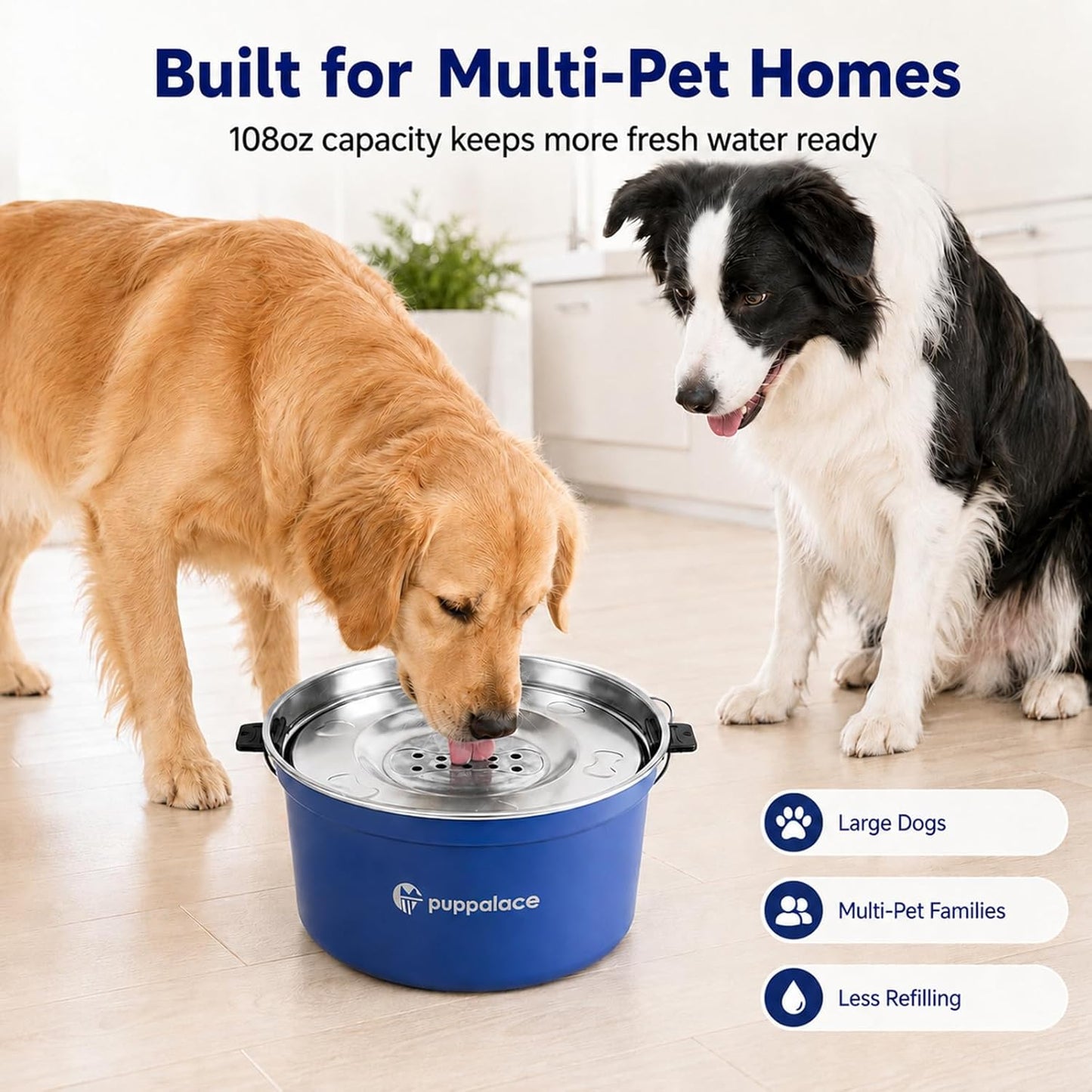108oz No Spill Stainless Steel Dog Water Bowl- Upgrade for Messy Drinkers, Splash Proof Design, Easy to Clean, Non-Slip Base, Large Capacity for Dogs and Cats (Blue)