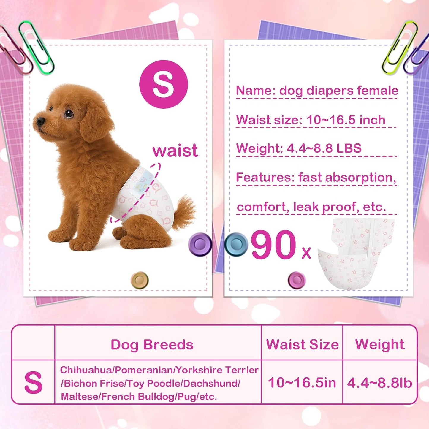 90 Count Disposable Dog Diapers Female, Super Absorbent Pink Puppy Doggie Diapers for Small Female Dogs Urination or Incontinence (Waist 10-16.5 in S)