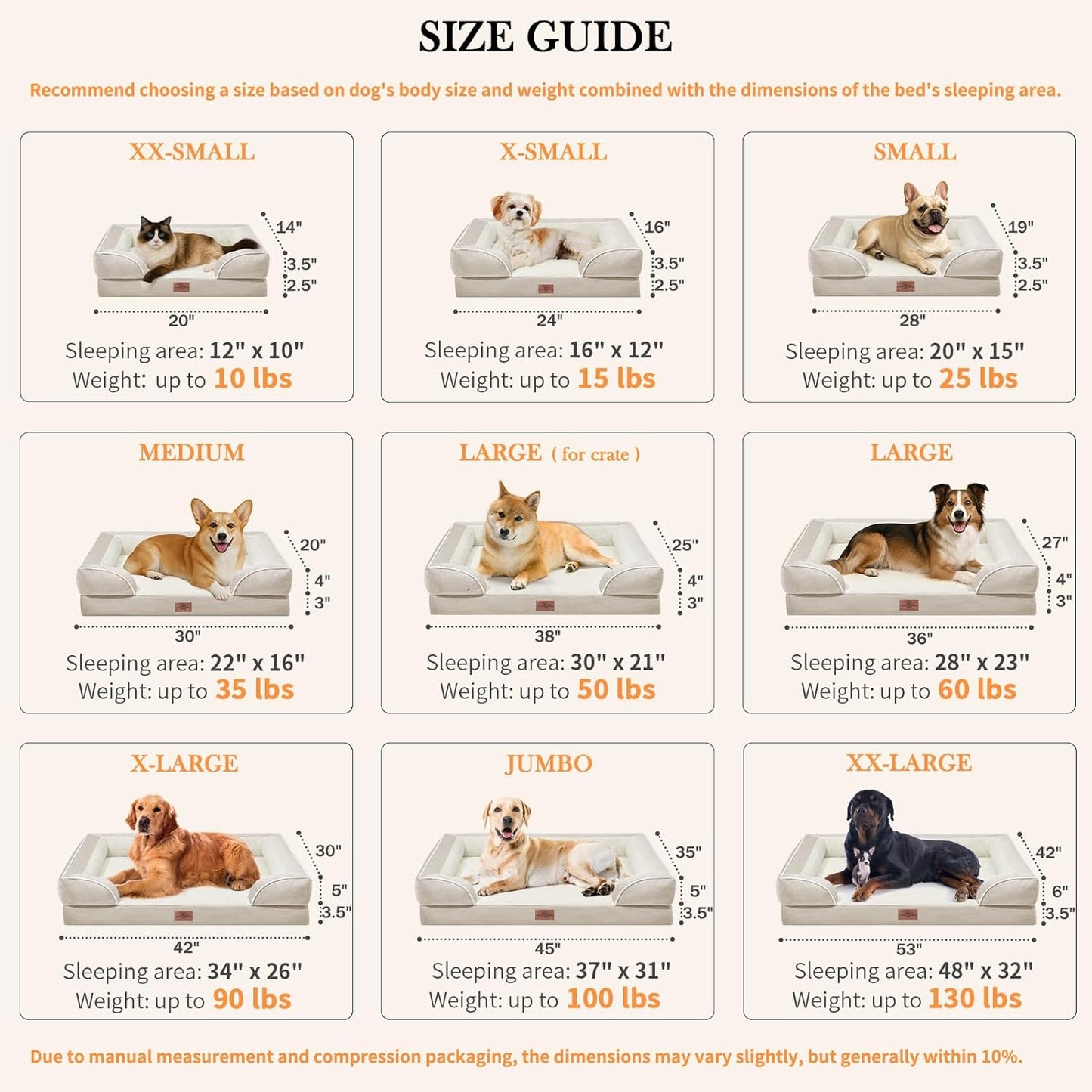 Comfort Expression Medium Dog Beds Waterproof Orthopedic Foam Dog Sofa Beds for Medium Large Dogs Comfy Pet Bed with Washable Removable Cover & Non-Slip Bottom(Medium,Beige)