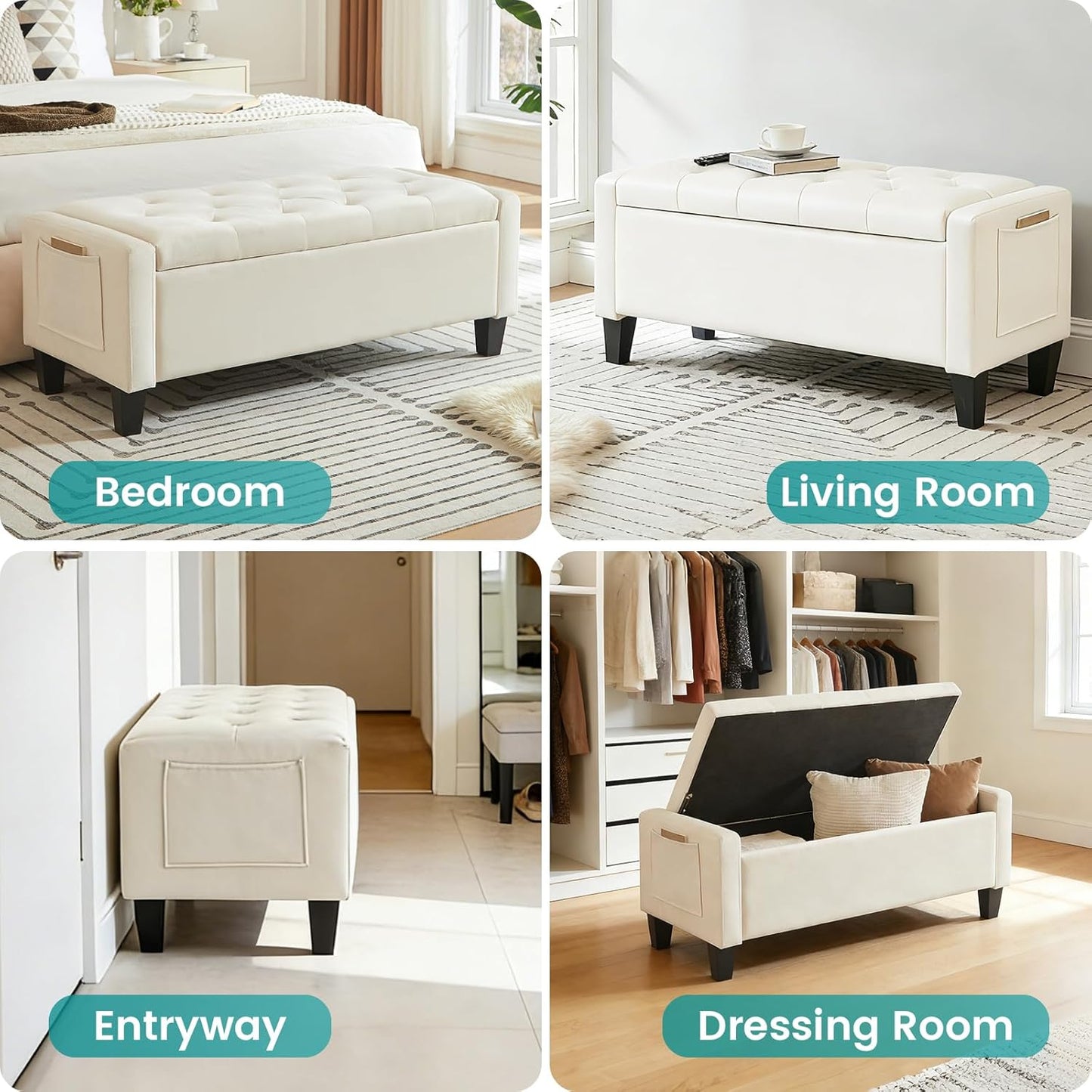 Velvet Storage Ottoman Bench for Bedroom, End of Bed Bench with Button, Side Storage Pockets, Organizer Storage Chest, Upholstered Foot Rest, Load up to 400 lb, for Living Room, Entryway, Beige