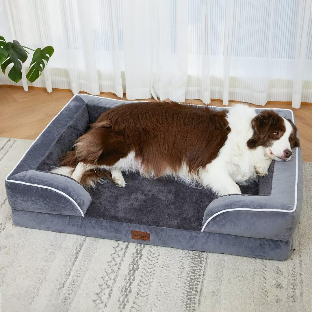 Comfort Expression Cooling Dog Bed for Large Dogs, Memory Foam Orthopedic Dogs Beds, Waterproof Washable Dog Beds with Removable Cover, Pet Bed Sofa with Bolster(Large,Leaden Grey)
