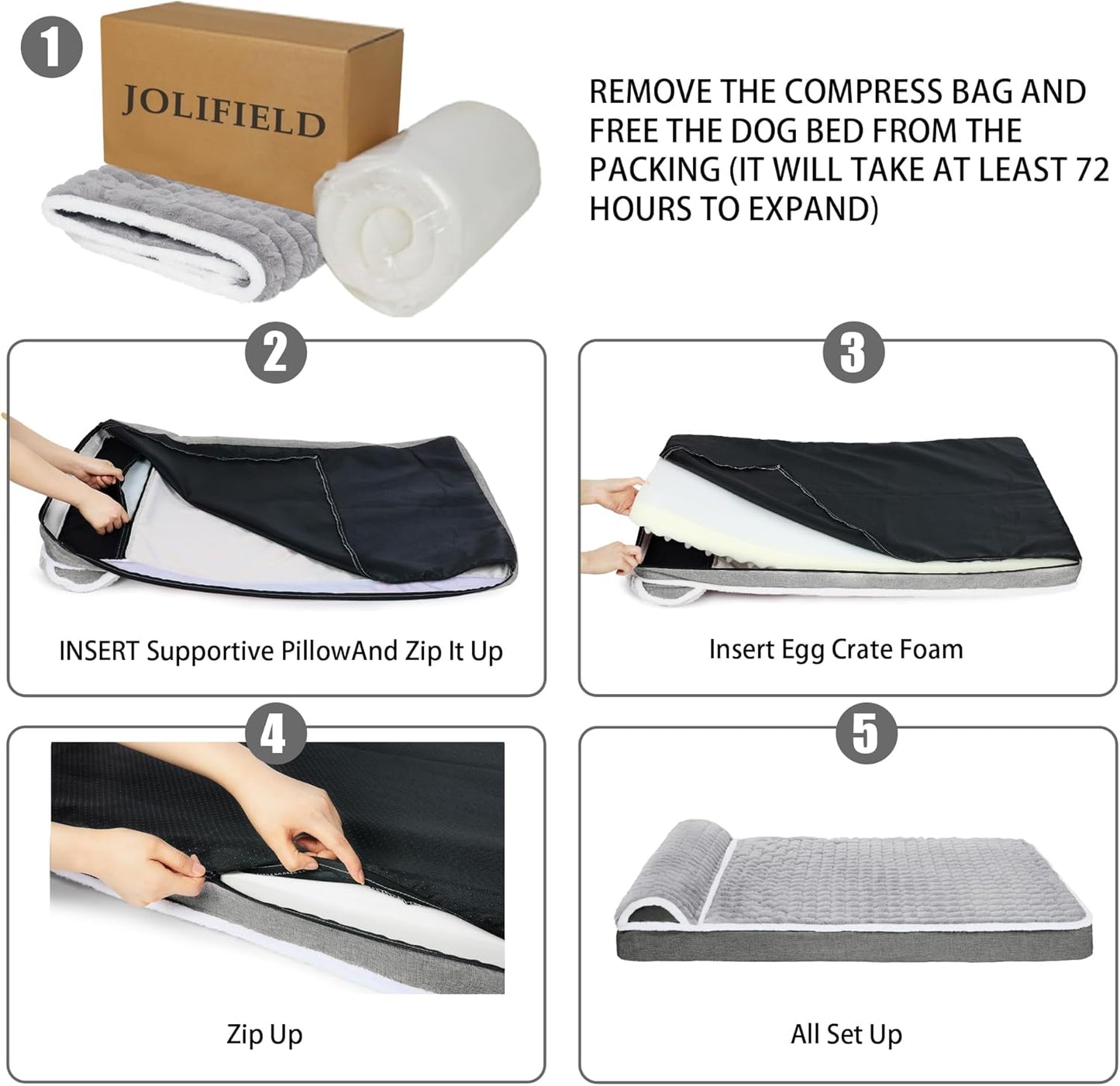 Orthopedic Dog Bed Large Sized Dog with Pillow 36''X24'', Waterproof Soft Comfortable Egg Crate Foam Pet Crate Beds Mat with Removable Washable Cover and Non-Slip Bottom, Grey