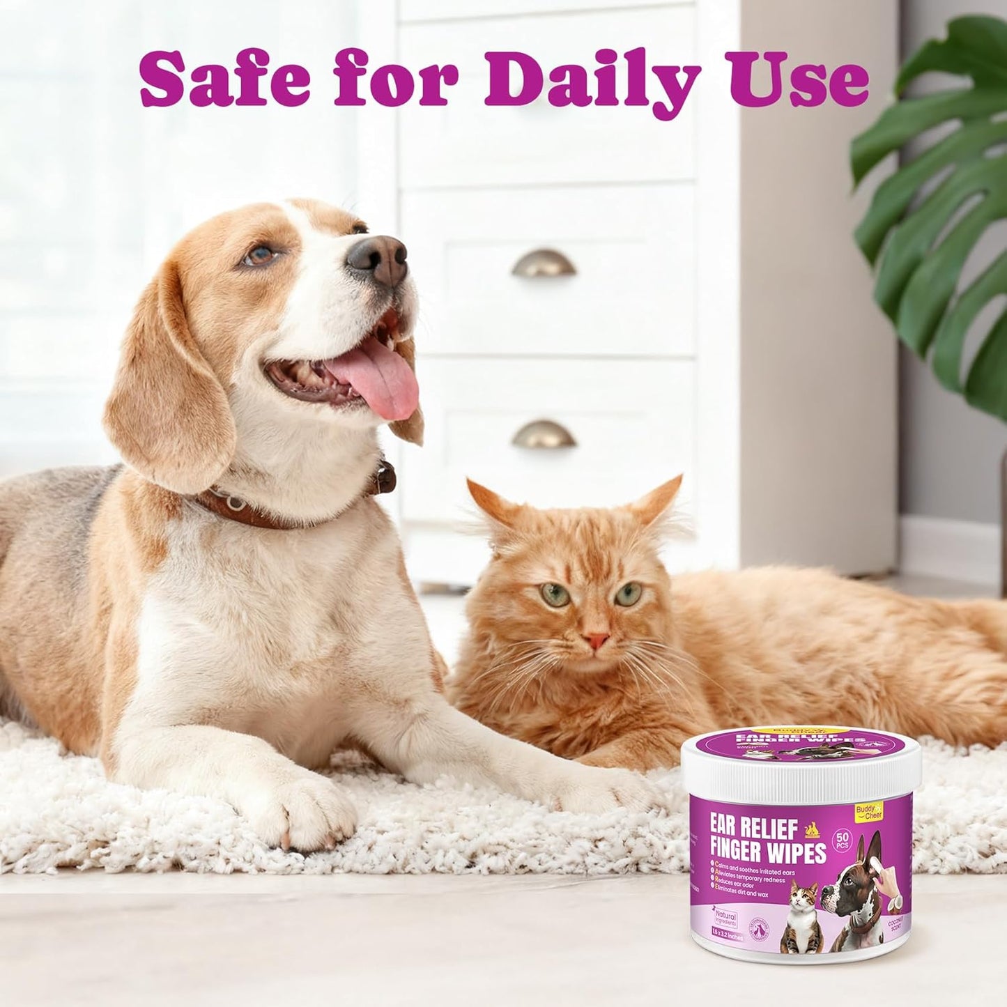 Pet Ear Cleaning Finger Wipes for Dogs & Cats - Dog Ear Cleaner with Aloe, Coconut Oil & Ginseng - Finger Dog Ear Wipes to Relieve Ear Itching, Infections, Wax & Smelly Ears - 50 Ct - Coconut Scent