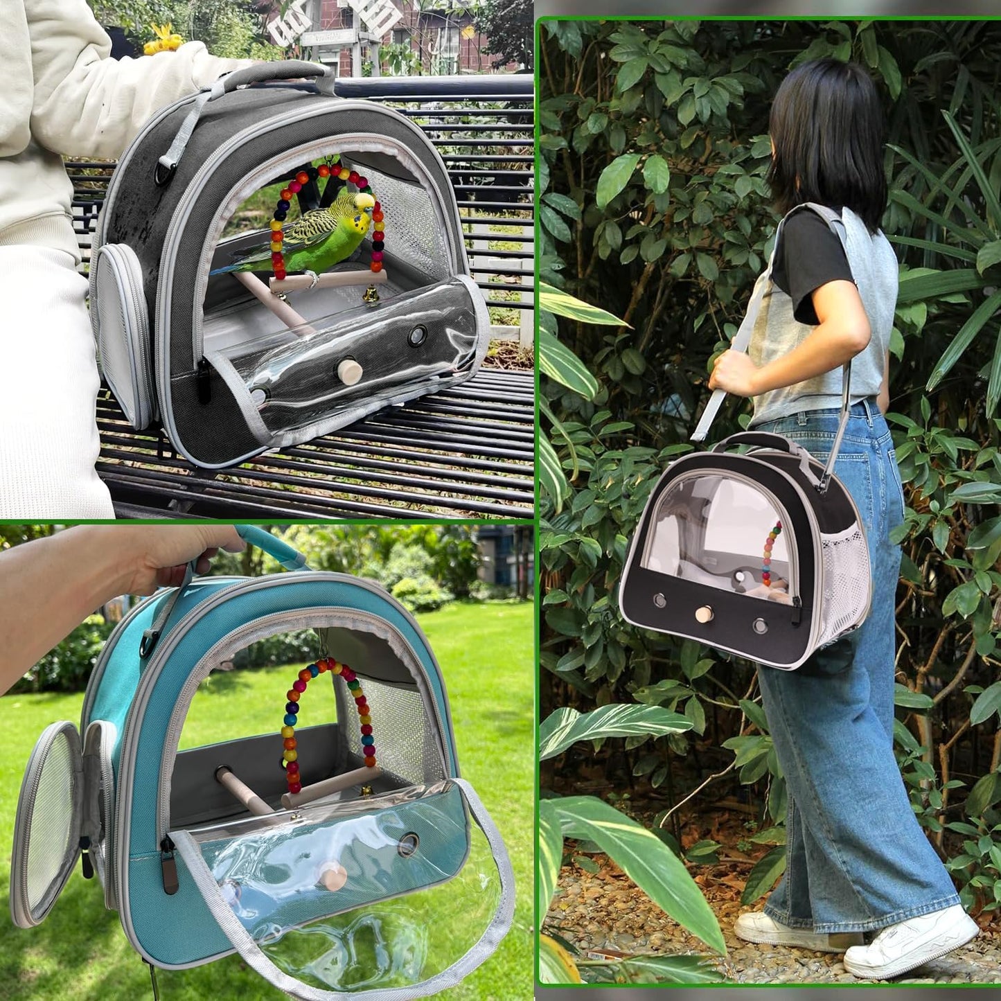 Portable Parrot Travel Cage Carrier with Small Swing Toy&Cage Colorful Toys Set Small Bird Parakeet Bag with Standing Perch Bird Carry Transport Bag (Black, Carreir/Swing)