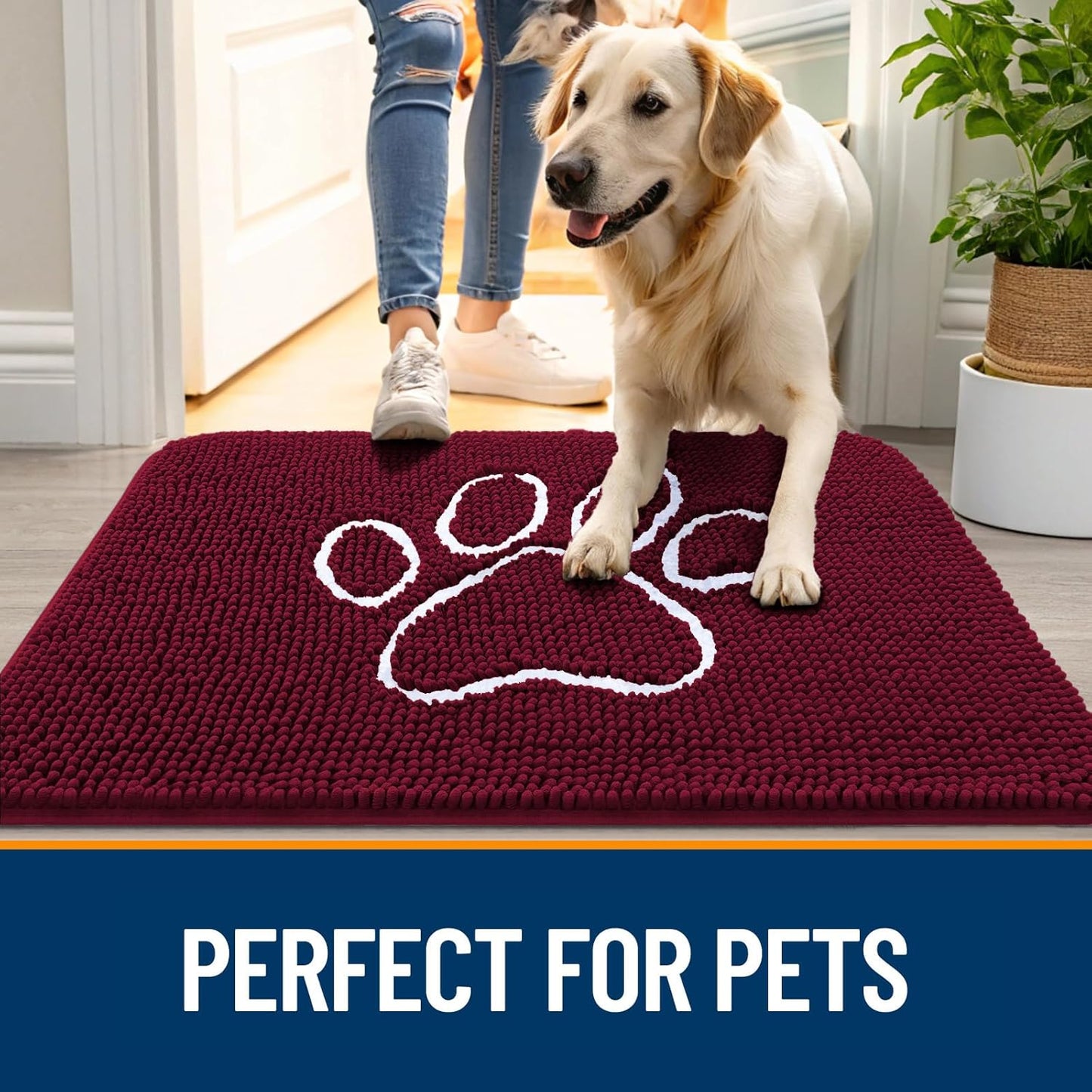 OLANLY Door Mat for Muddy Dog Paws 30x20, Ultra Absorbent Chenille Mud Doormat with Paw Print Design, Non-Slip Washable Doormat for Indoor Entryway, Quick-Dry Pet Bed Mats for Dirty Dogs, Burgundy
