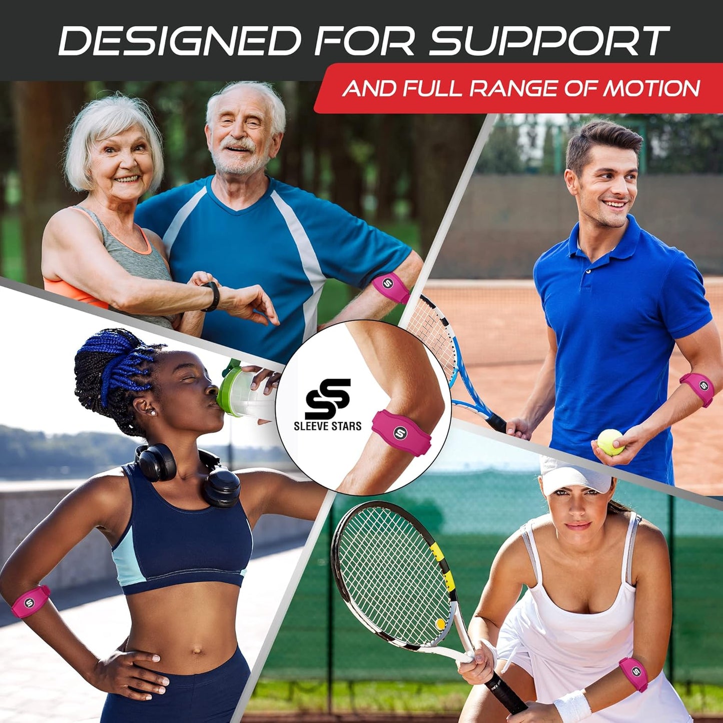 Sleeve Stars Tennis Elbow Brace for Women - Adjustable Tennis Elbow Strap, Golfers Elbow Brace for Men, Counterforce Brace for Tendonitis Relief, Fits 9"-23" (Single/Hot Pink)