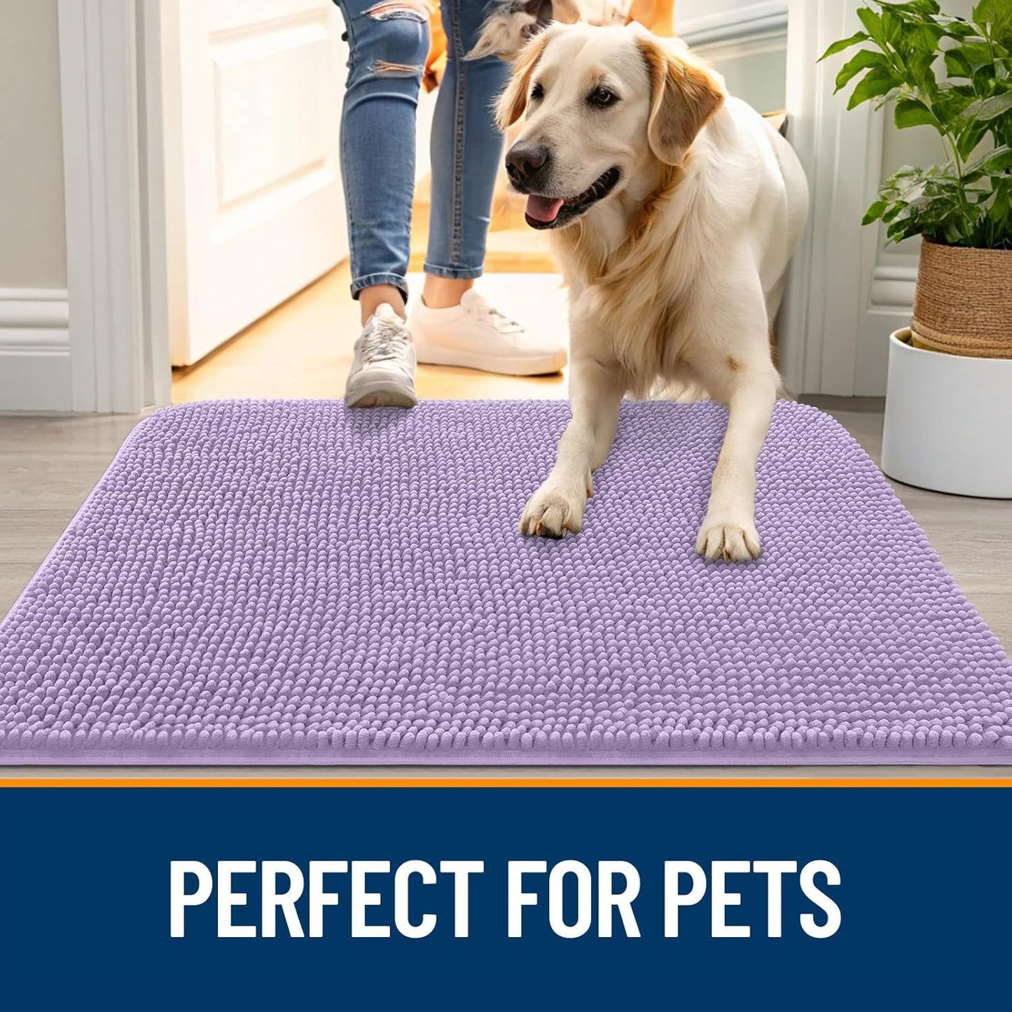 OLANLY Dog Door Mat for Muddy Paws 59x24, Absorbs Moisture and Dirt, Absorbent Non-Slip Washable Doormat, Quick Dry Chenille Mud Mat for Dogs, Entry Indoor Entryway Carpet for Inside Floor, Lavender