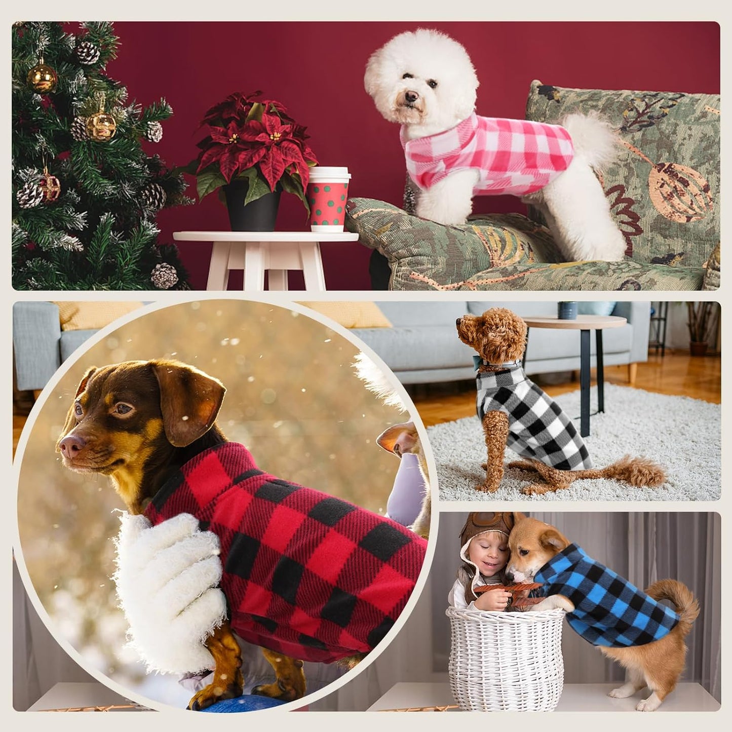 Kuoser Dog Fleece Vest,Warm Plaid Dog Sweater with Leash Hole,Soft Turtleneck Winter Pet Jacket Dogs Coat Pullover for Small Medium Dogs Cats,Spring Fall Cold Weather Christmas Outfit,Black XS