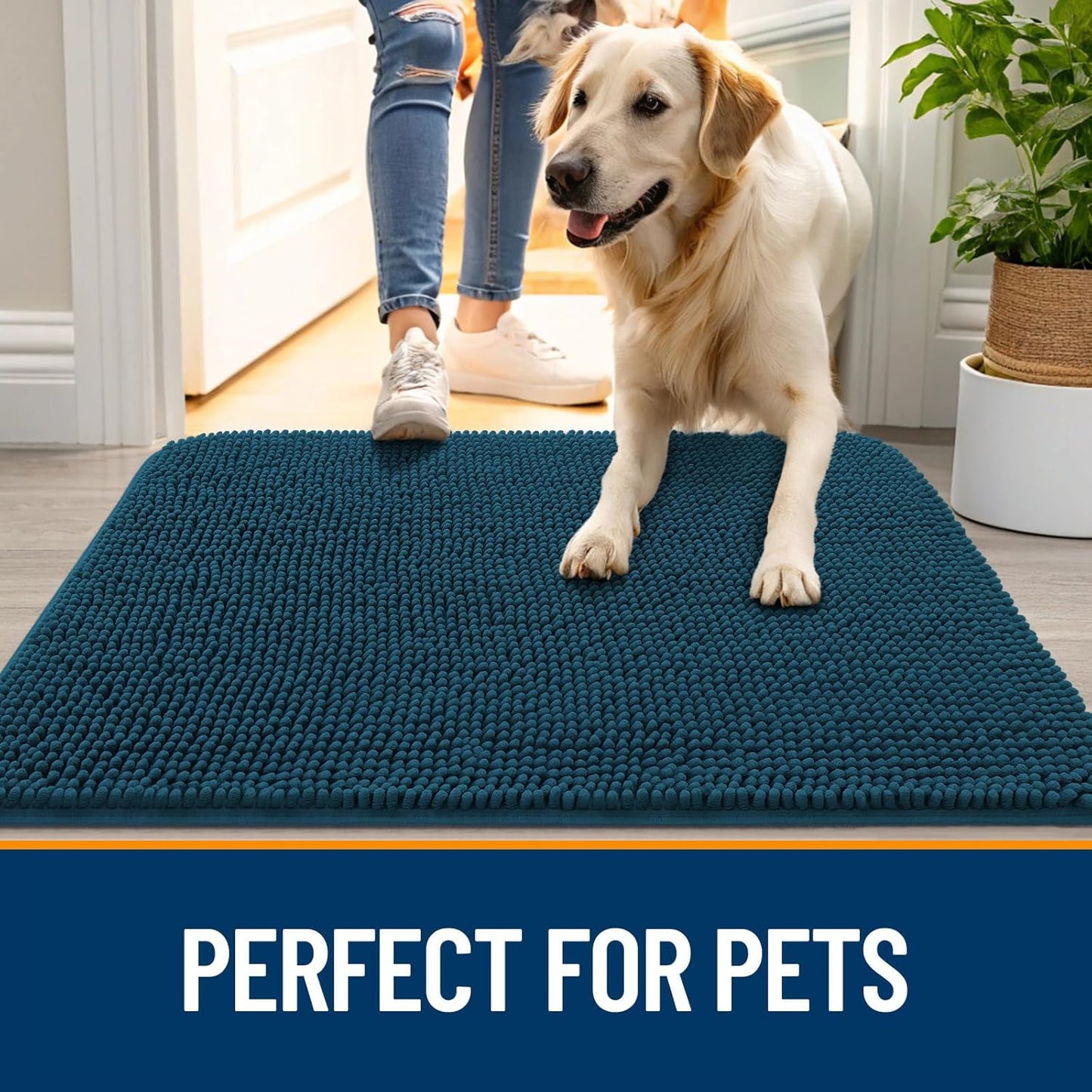 OLANLY Dog Door Mat for Muddy Paws 47x24, Absorbs Moisture and Dirt, Absorbent Non-Slip Washable Doormat, Quick Dry Chenille Mud Mat, Entry Indoor Entryway Carpet for Inside Floor, Atlantic Blue