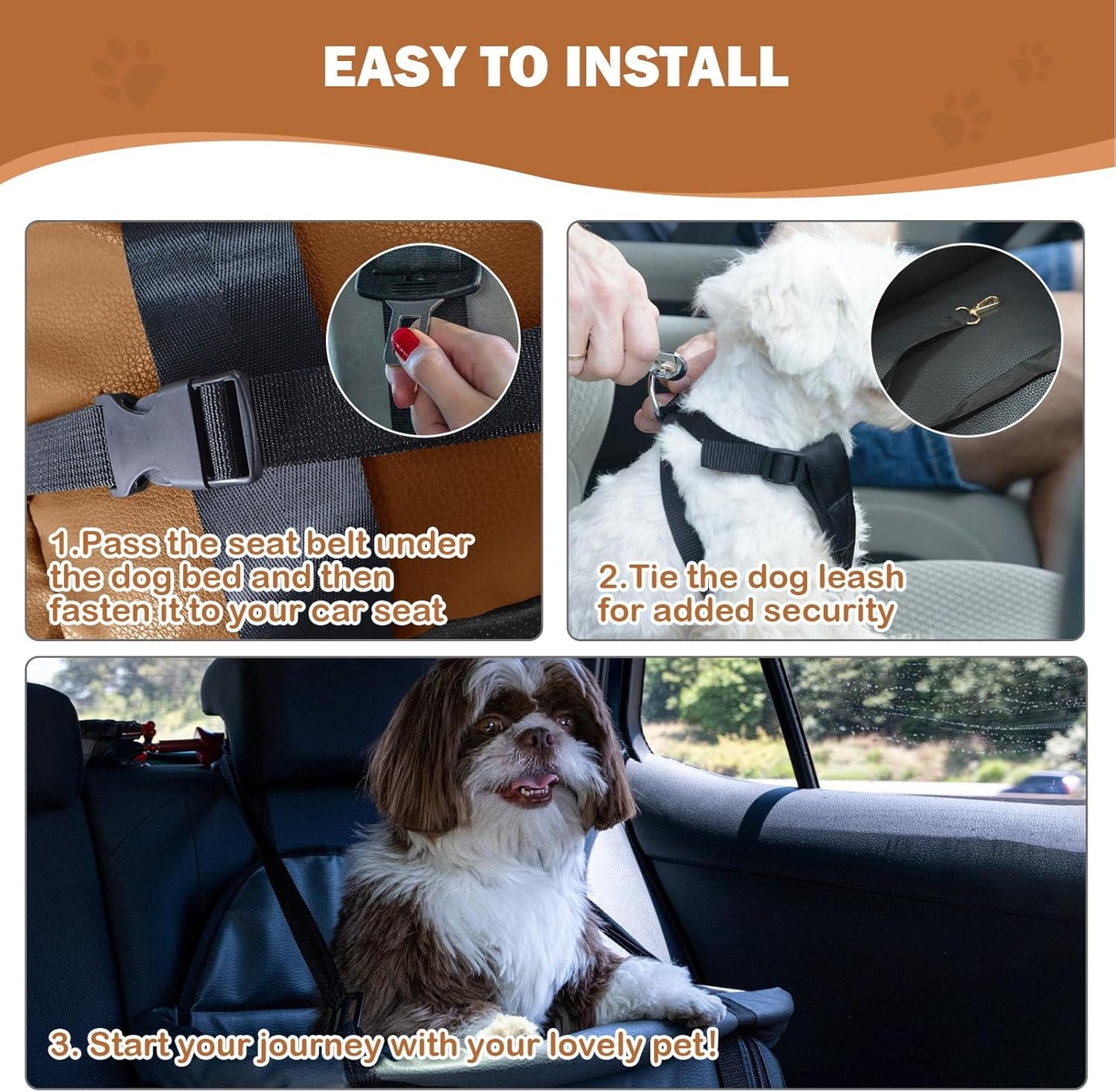2 and 1 Center Console Dog Car Seat & Carrier for Small Dogs, Large Leather Dog Car Bed with Storage Pocket, Waterproof PVC Leather Seat Travel Bed for Front & Back Seat, Clip-On Safety Leash